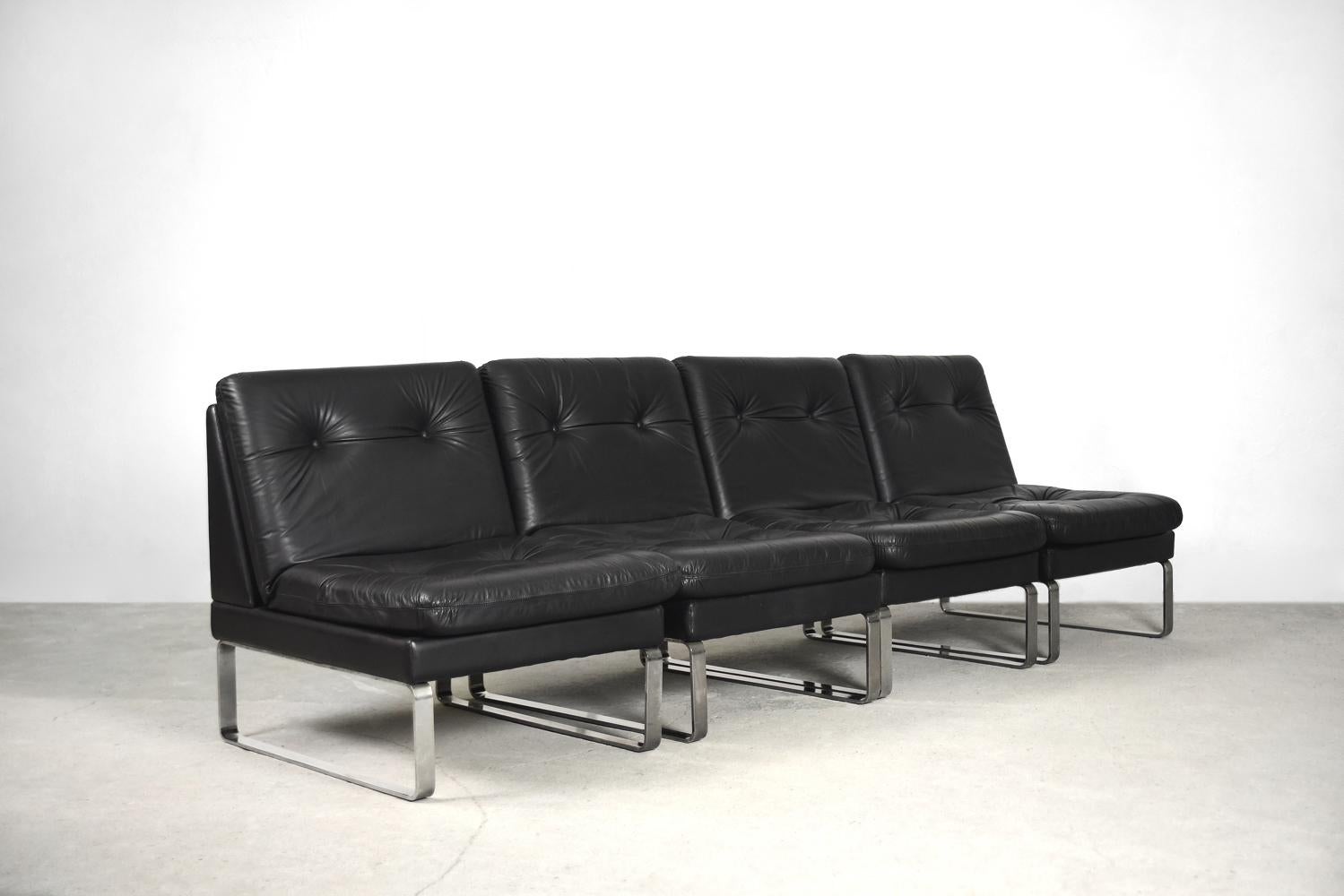 Late 20th Century Vintage Minimalist German Black Leather & Chrome Modular Sofa from Klöber For Sale