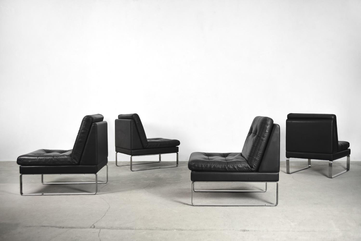 Vintage Minimalist German Black Leather & Chrome Modular Sofa from Klöber For Sale 3