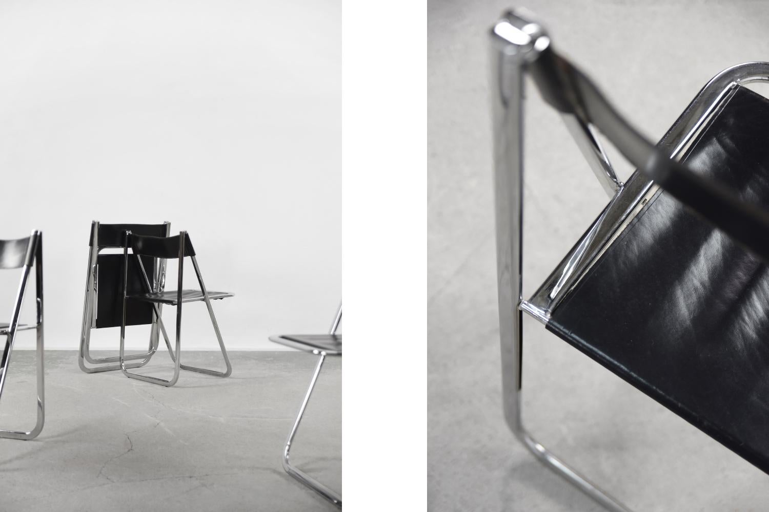 Set of 4 Vintage Minimalist Italian Tamara Folding Leather Chairs from Arrben 3