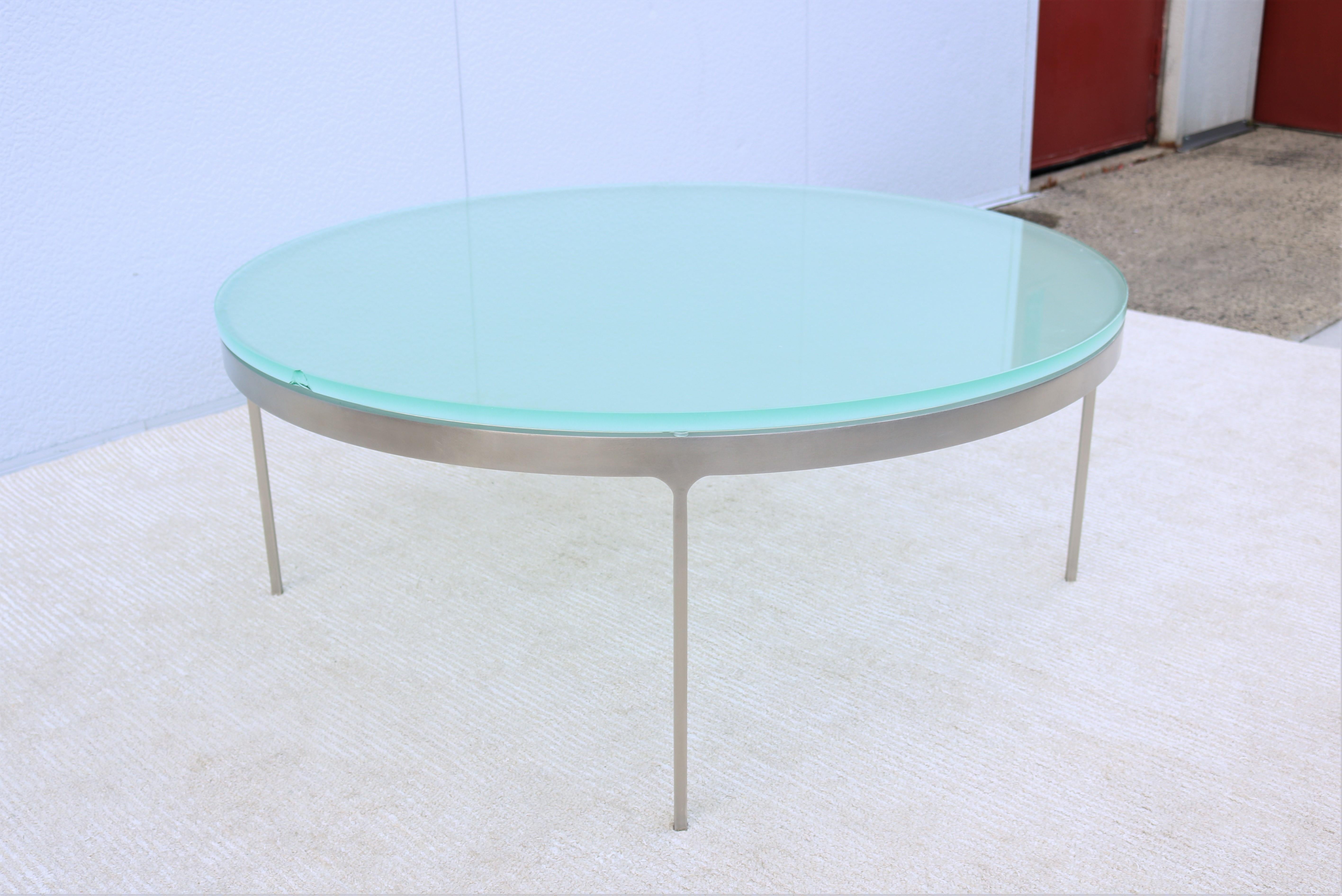 Vintage Minimalist Nicos Zographos Round Glass and Stainless-Steel Coffee Table For Sale 4