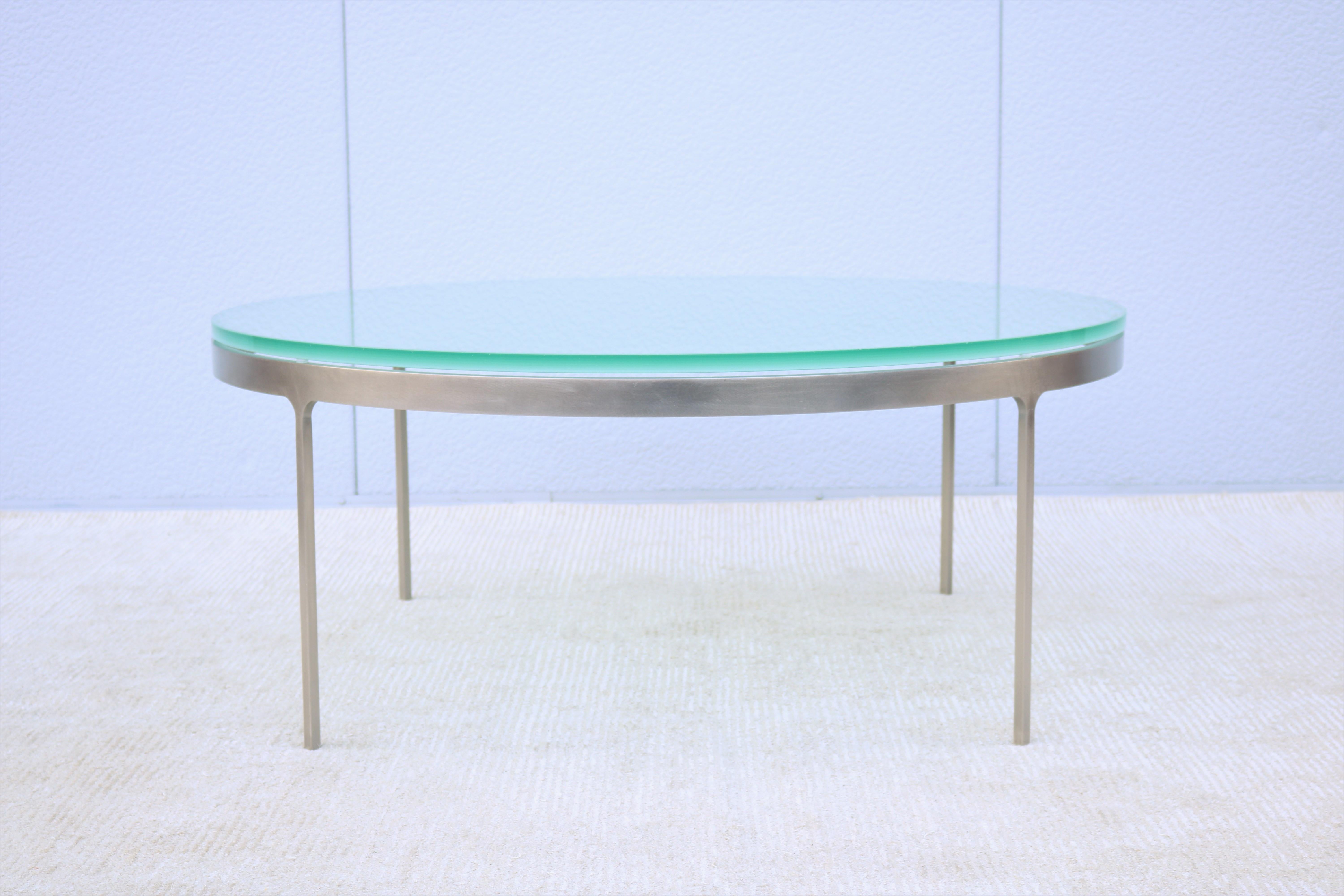 Brushed Vintage Minimalist Nicos Zographos Round Glass and Stainless-Steel Coffee Table For Sale