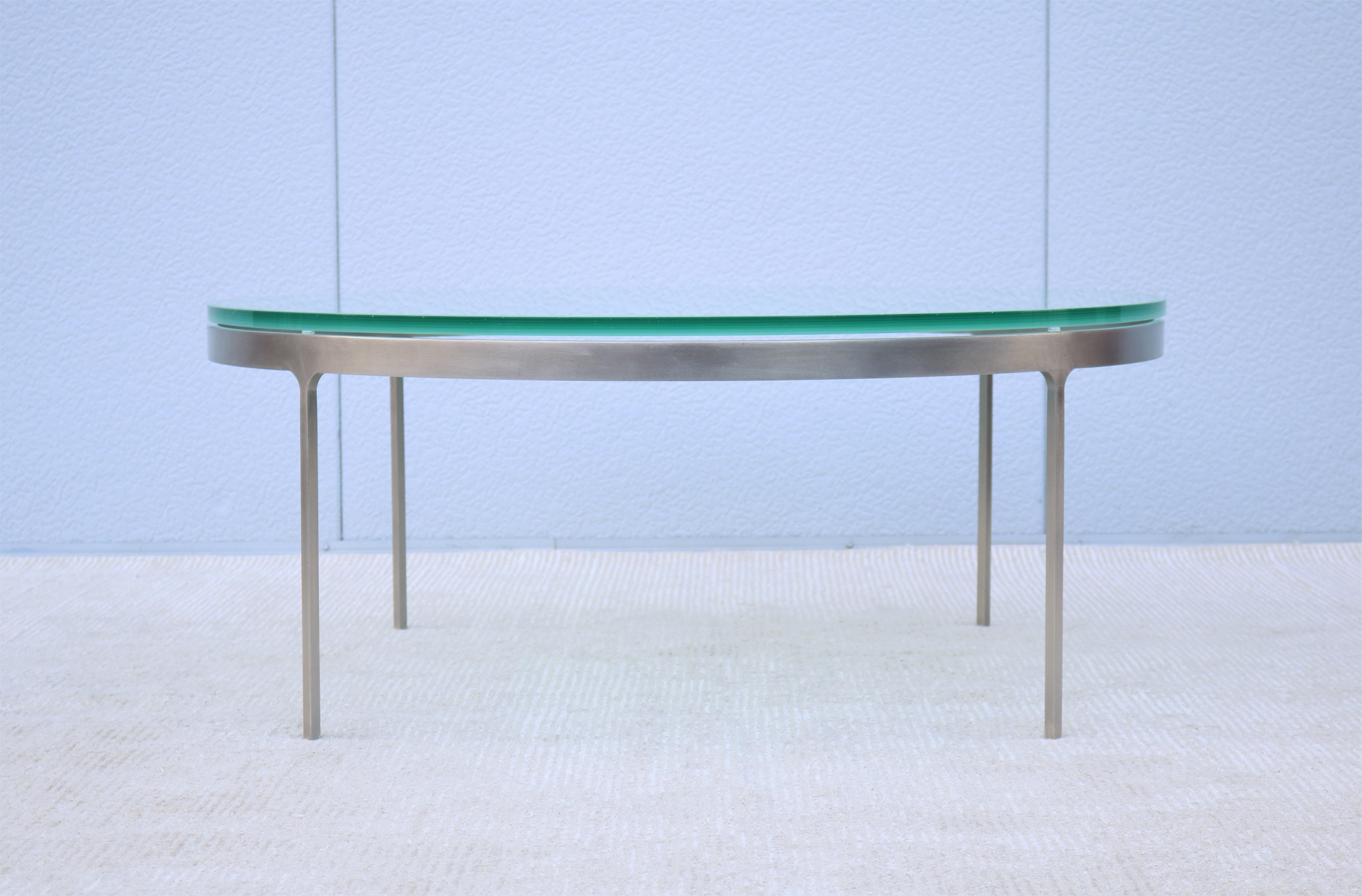 Vintage Minimalist Nicos Zographos Round Glass and Stainless-Steel Coffee Table In Good Condition For Sale In Secaucus, NJ