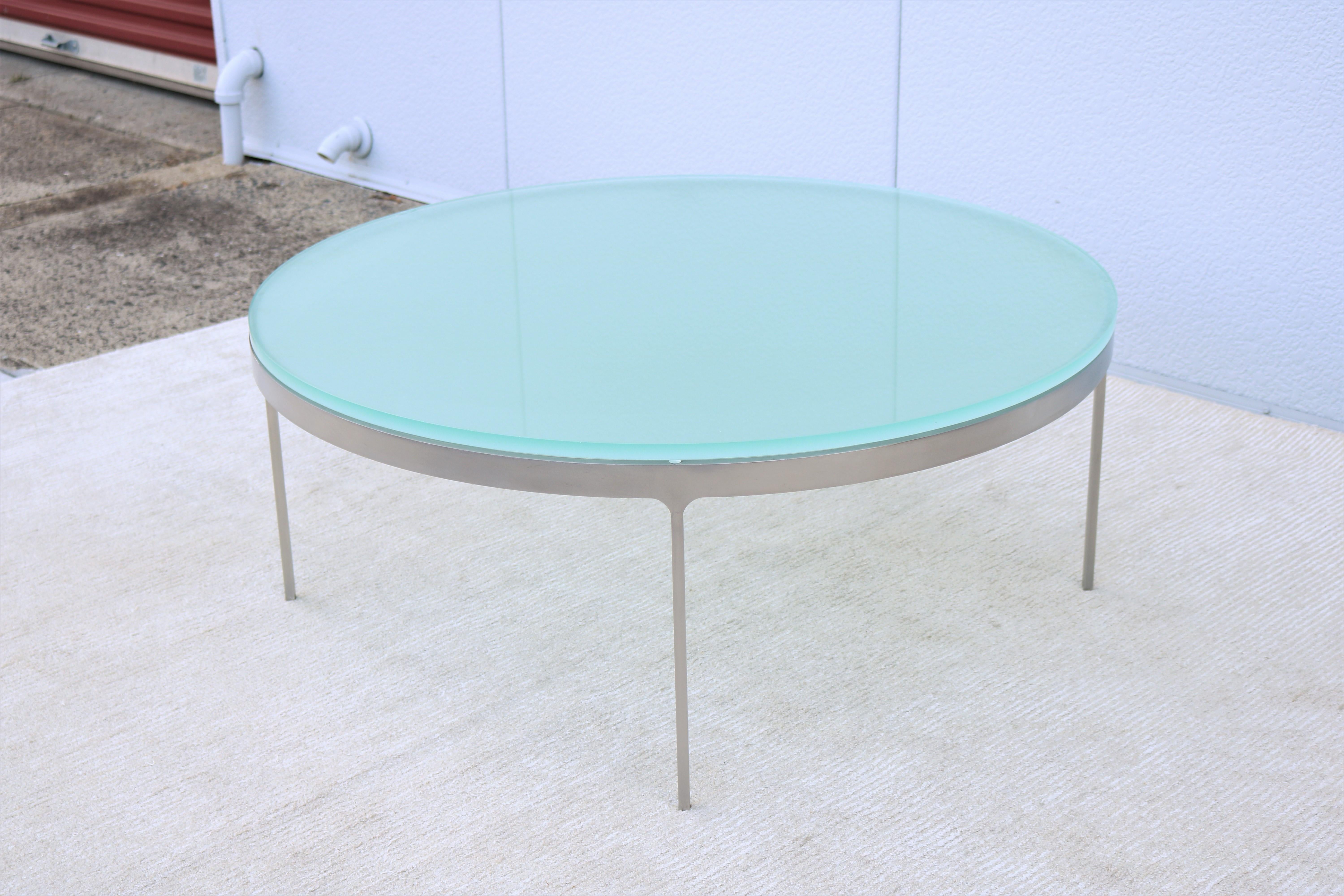 20th Century Vintage Minimalist Nicos Zographos Round Glass and Stainless-Steel Coffee Table For Sale