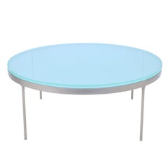 Mesa de centro vintage minimalista Nicos Zographos de cristal redondo y acero inoxidable