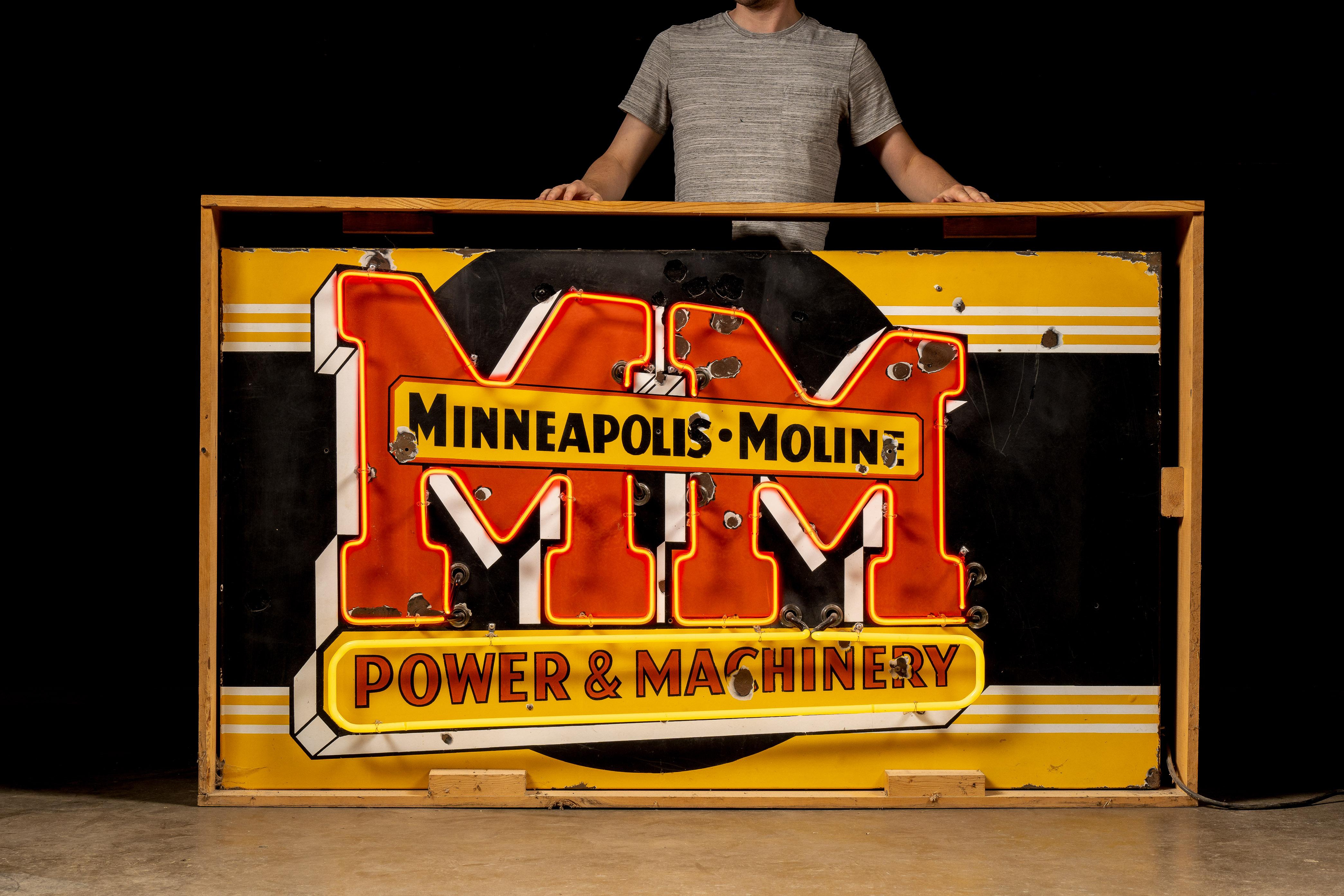c. 1930s/1940s; Minneapolis Moline Power Implement Co. - Hopkins/Minneapolis, MN

Vintage single-sided porcelain tractor company neon sign.

This piece advertises Minneapolis-Moline, a former manufacturer of industrial and farming equipment. The