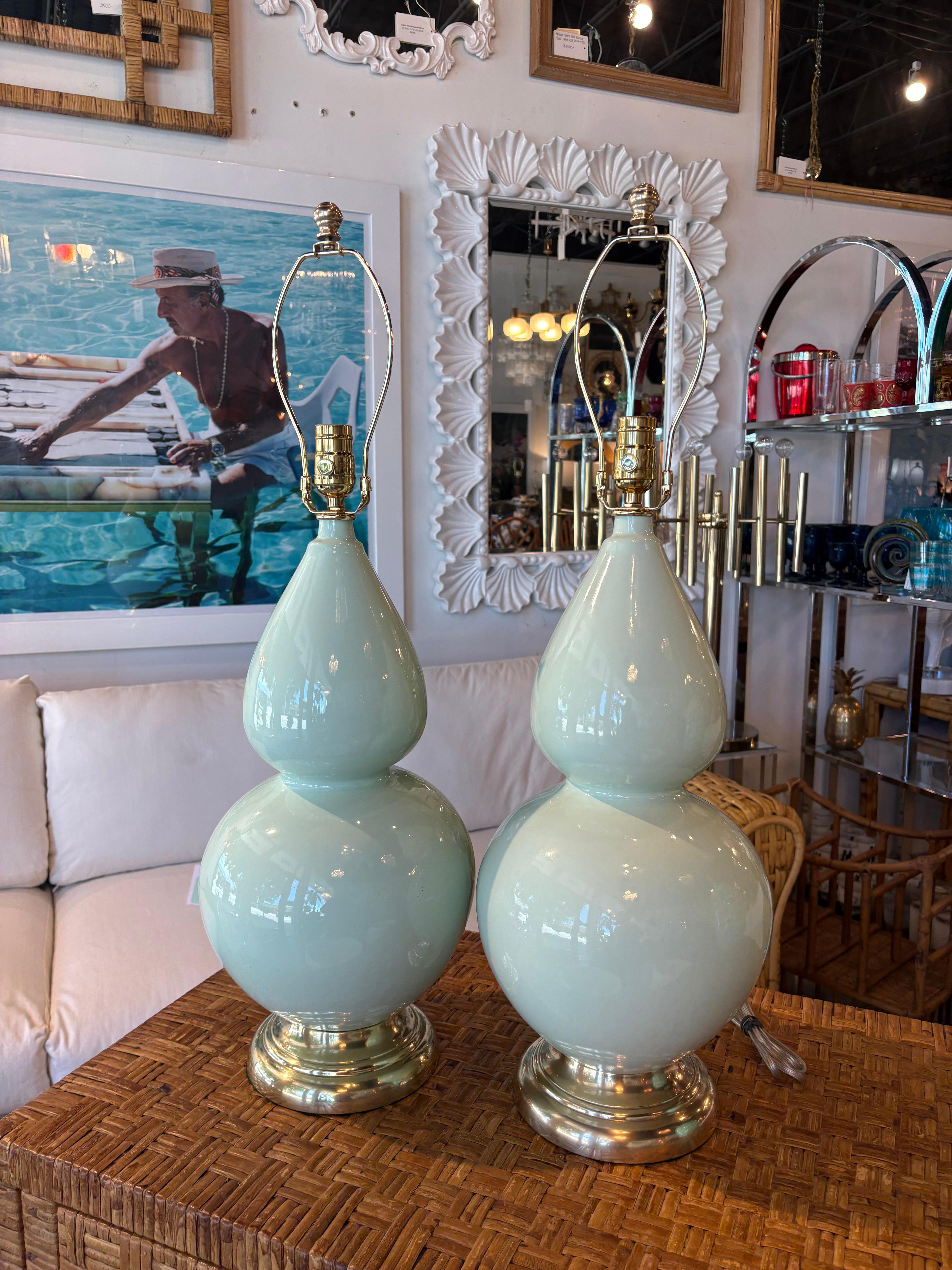 Vintage Mint Green Ceramic Gourd Shape Table Lamps Newly Wired & Brass Hardware For Sale 4
