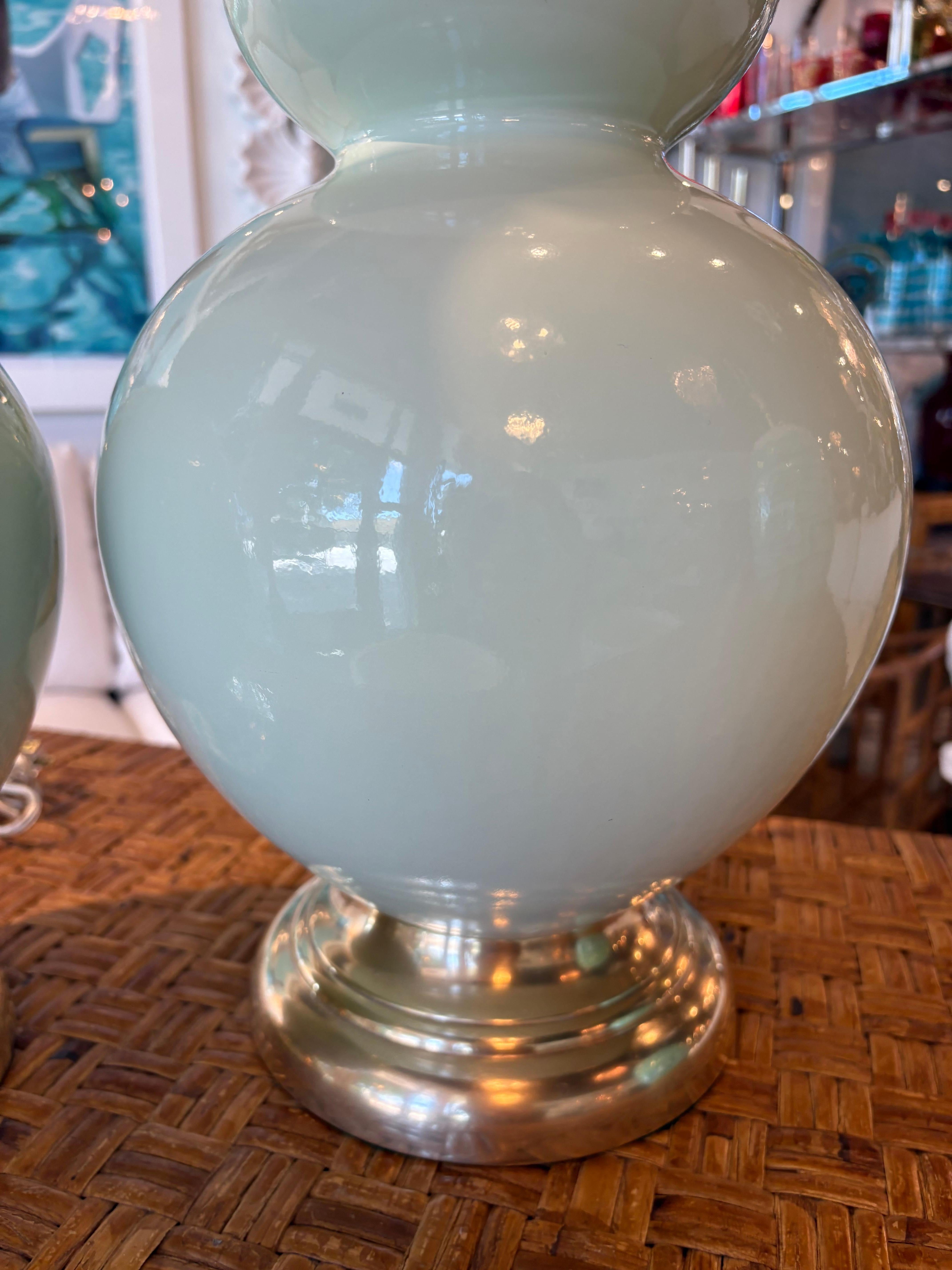 Vintage Mint Green Ceramic Gourd Shape Table Lamps Newly Wired & Brass Hardware For Sale 8