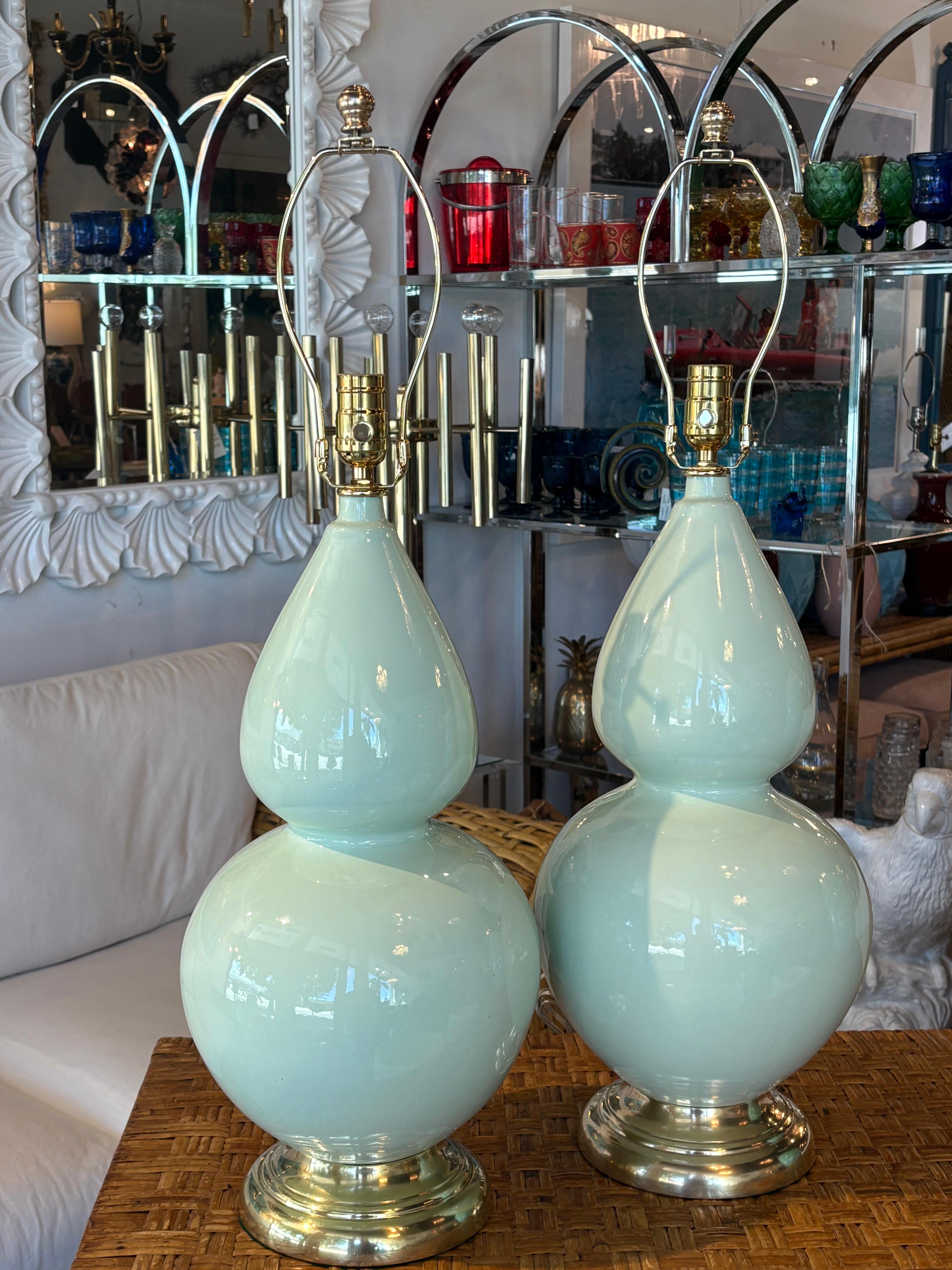 American Vintage Mint Green Ceramic Gourd Shape Table Lamps Newly Wired & Brass Hardware For Sale