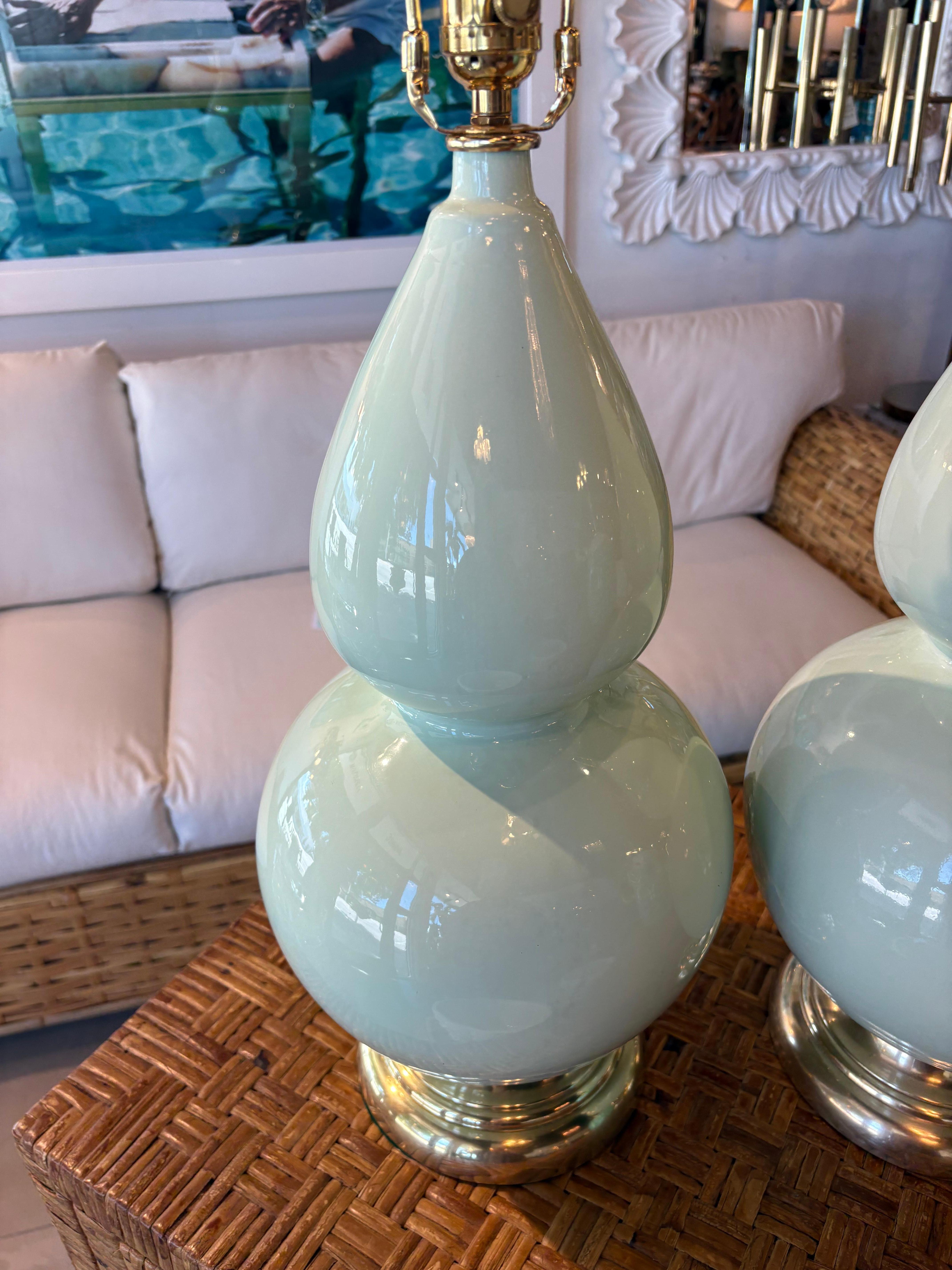 Late 20th Century Vintage Mint Green Ceramic Gourd Shape Table Lamps Newly Wired & Brass Hardware For Sale