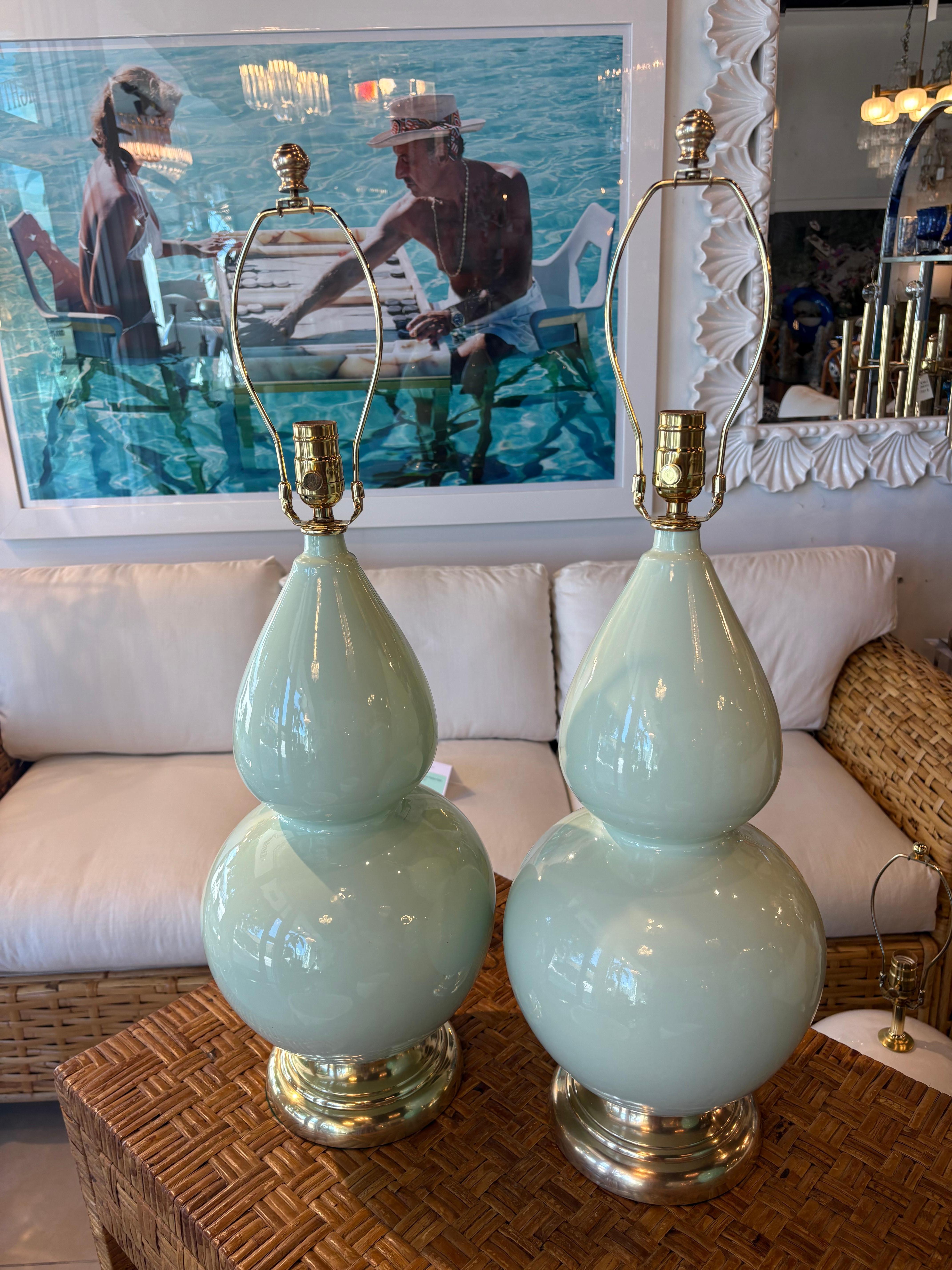 Vintage Mint Green Ceramic Gourd Shape Table Lamps Newly Wired & Brass Hardware For Sale 1