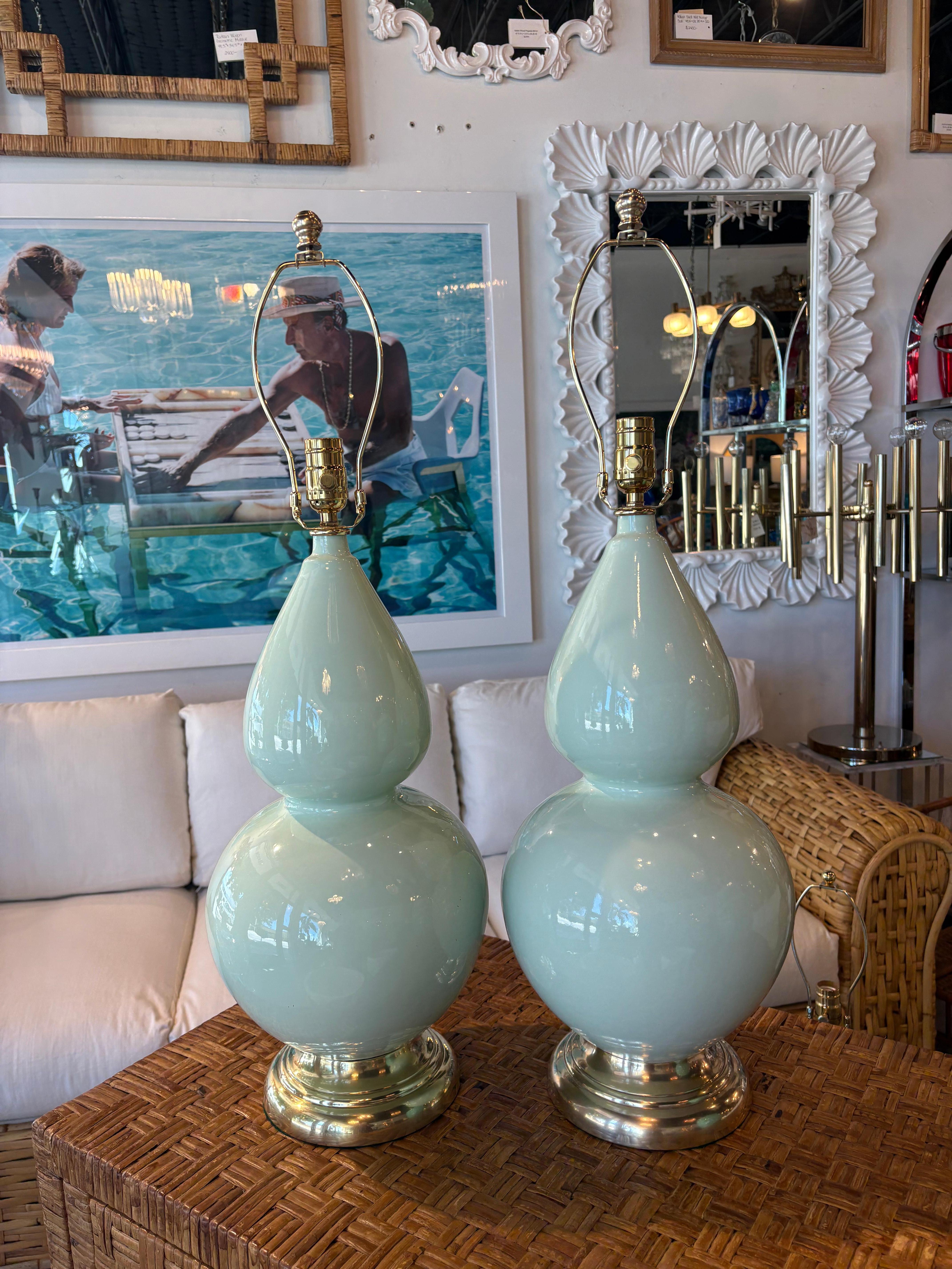 Vintage Mint Green Ceramic Gourd Shape Table Lamps Newly Wired & Brass Hardware For Sale 2