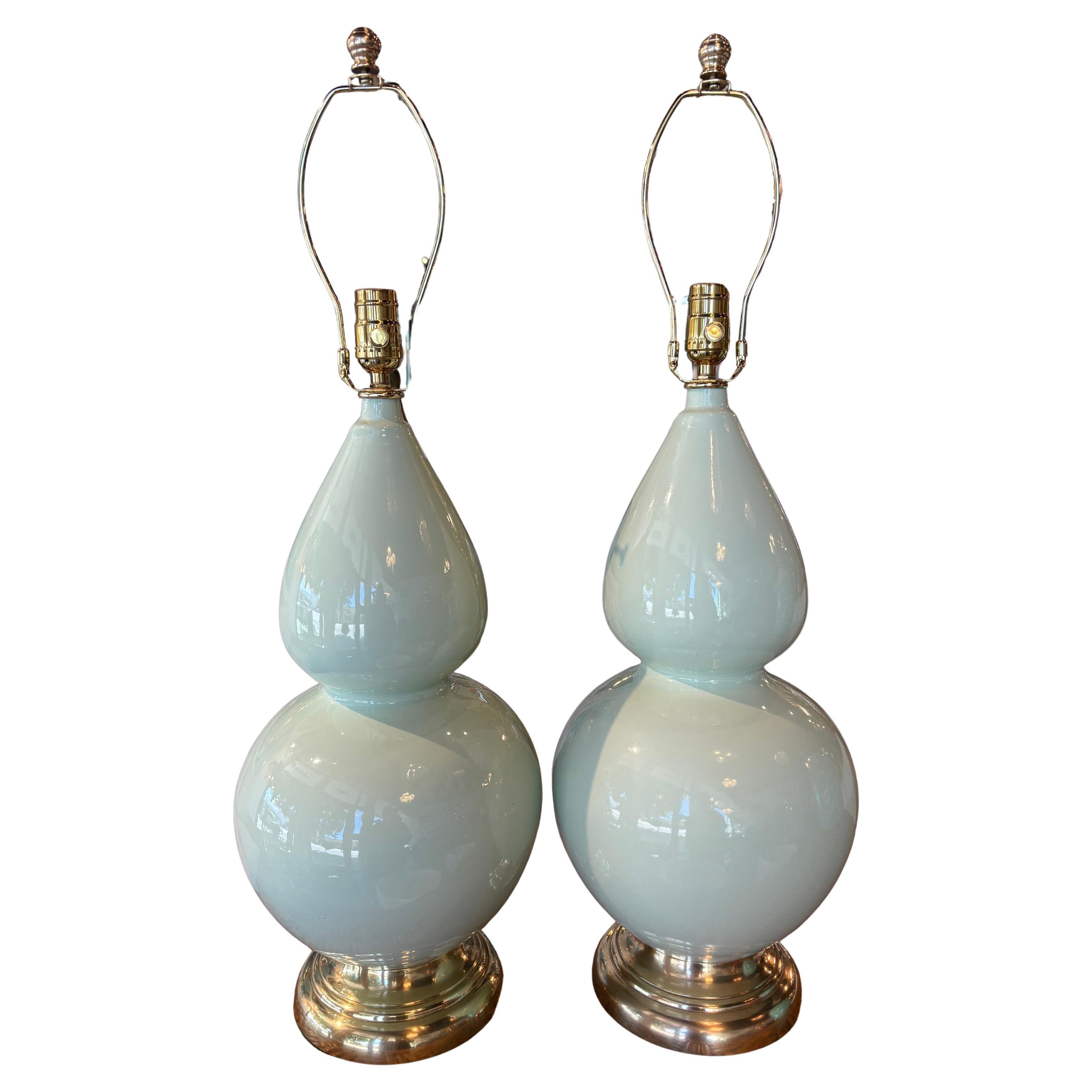 Vintage Mint Green Ceramic Gourd Shape Table Lamps Newly Wired & Brass Hardware For Sale