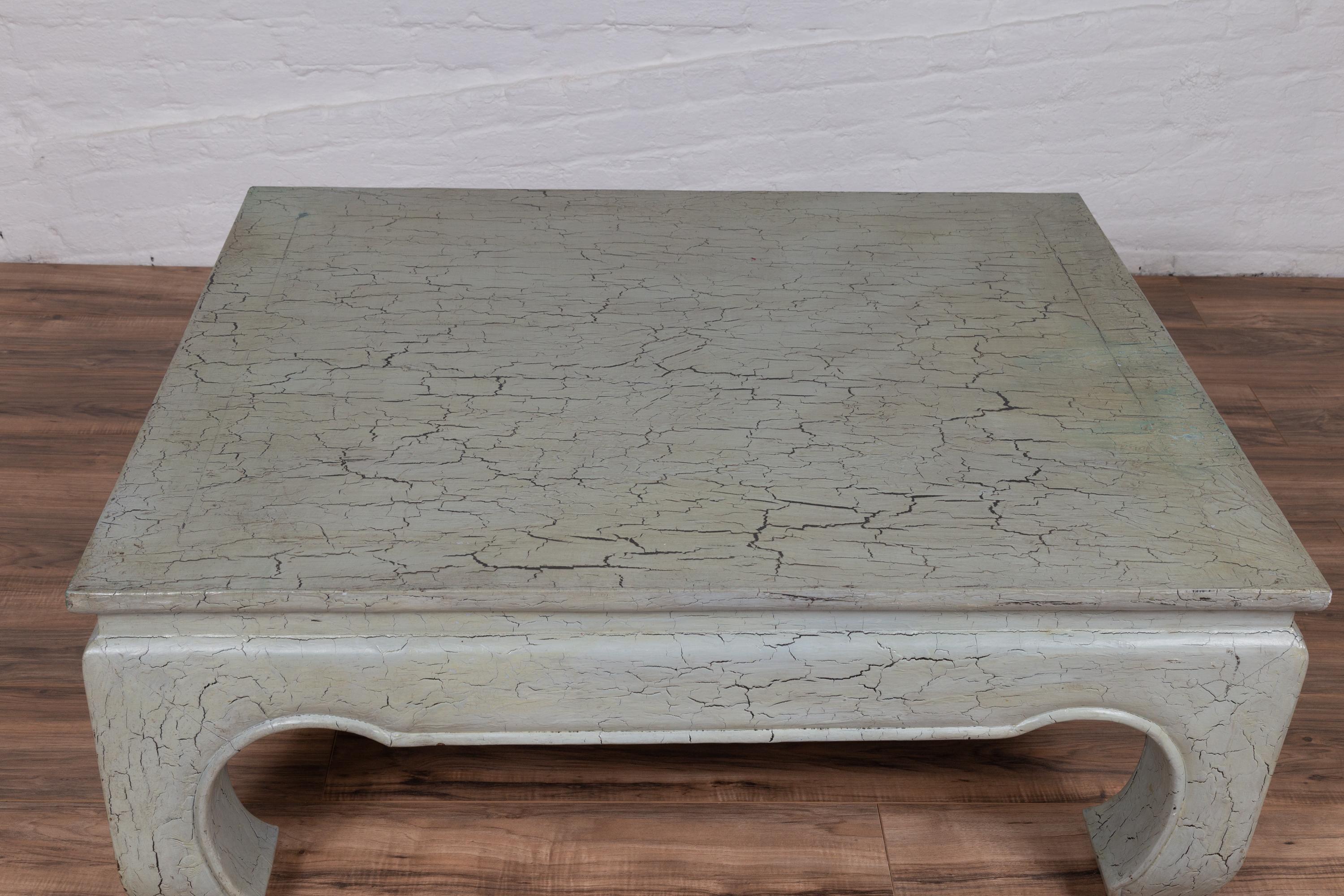 Chinese Vintage Mint Green Coffee Table from Thailand with Crackled Finish and Chow Legs For Sale