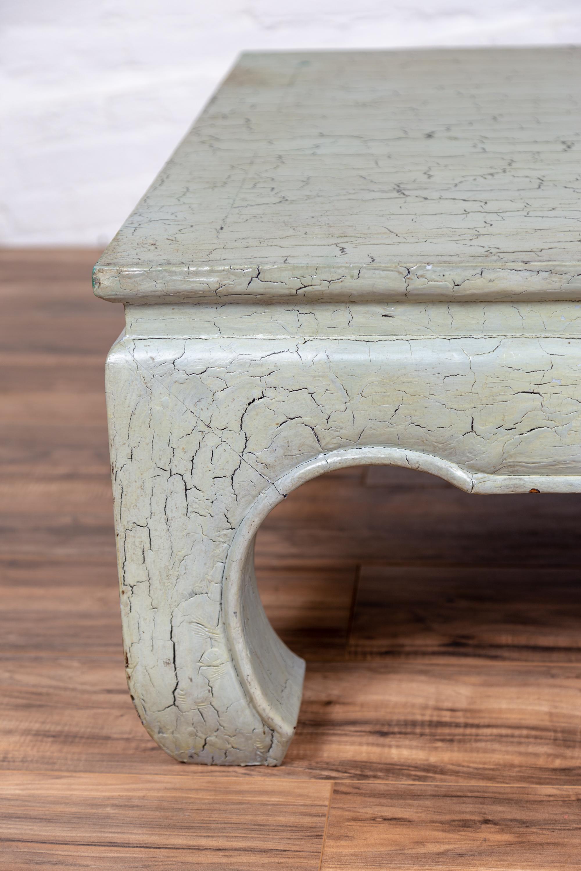 Painted Vintage Mint Green Coffee Table from Thailand with Crackled Finish and Chow Legs For Sale