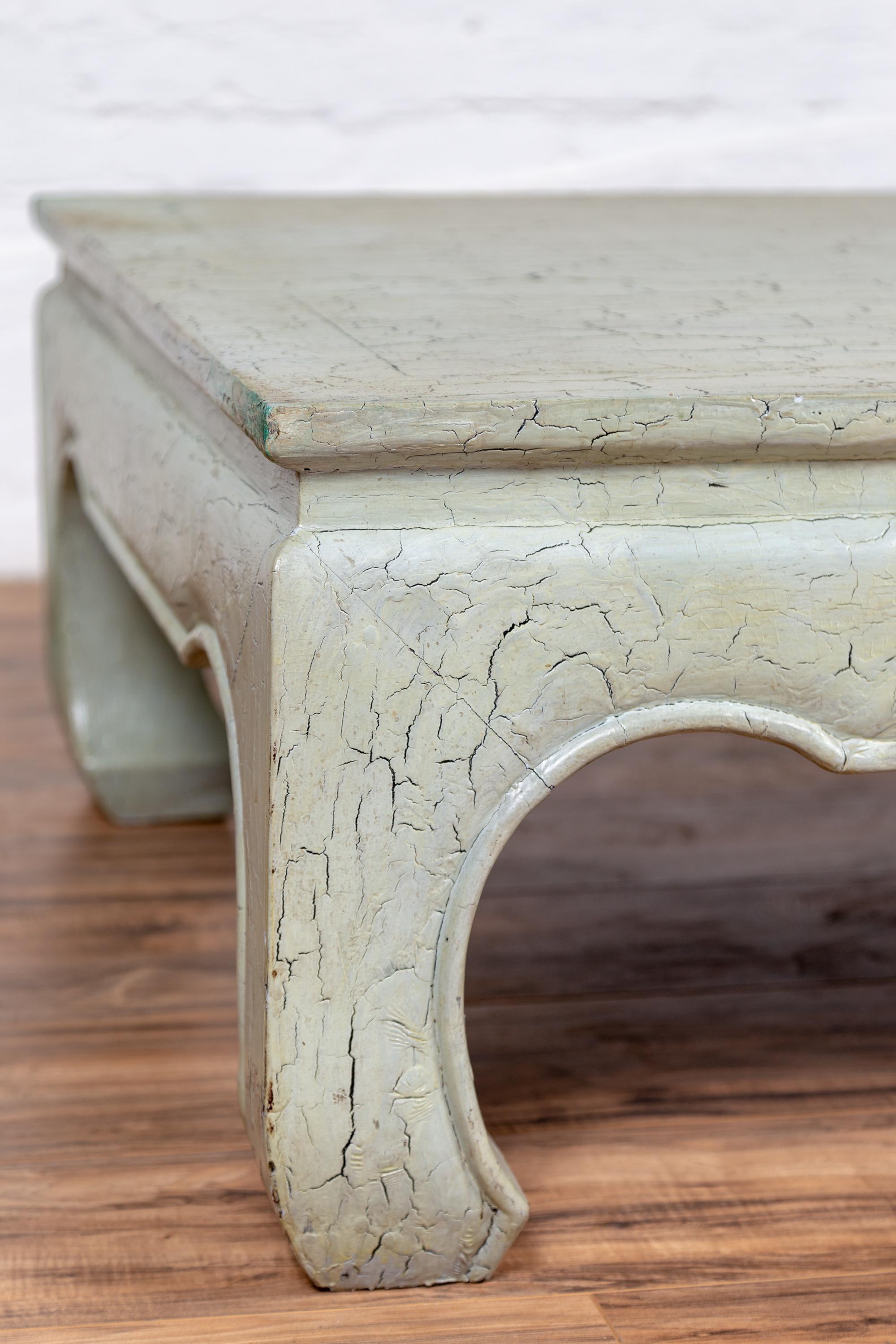 Vintage Mint Green Coffee Table from Thailand with Crackled Finish and Chow Legs In Good Condition For Sale In Yonkers, NY