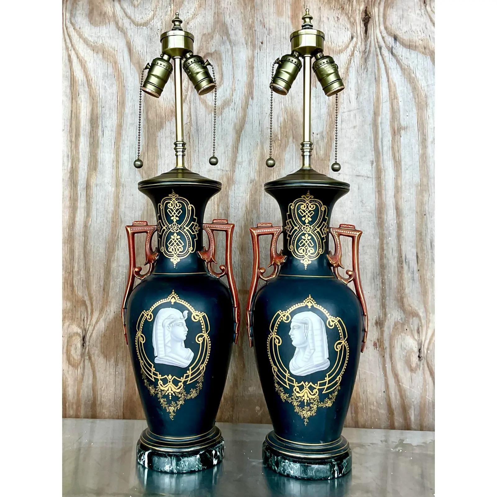Vintage Minton Egyptian Pharaoh Porcelain Lamps, a Pair In Good Condition In west palm beach, FL