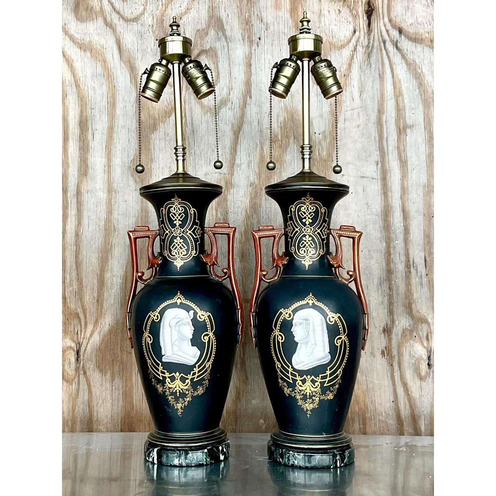 Vintage Minton Egyptian Pharaoh Porcelain Lamps, a Pair 2