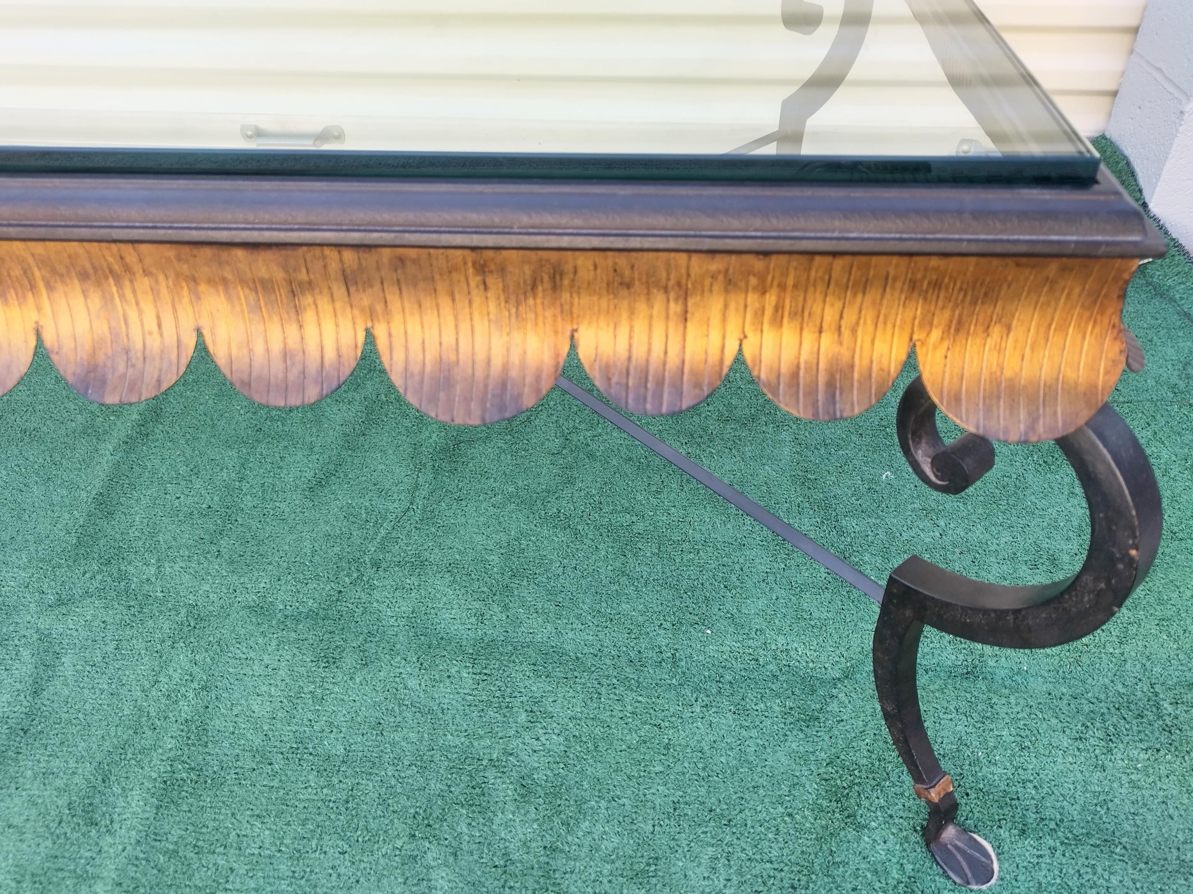Hollywood Regency Vintage Minton Spidell Gold Gilt scalloped edge massive iron coffee table