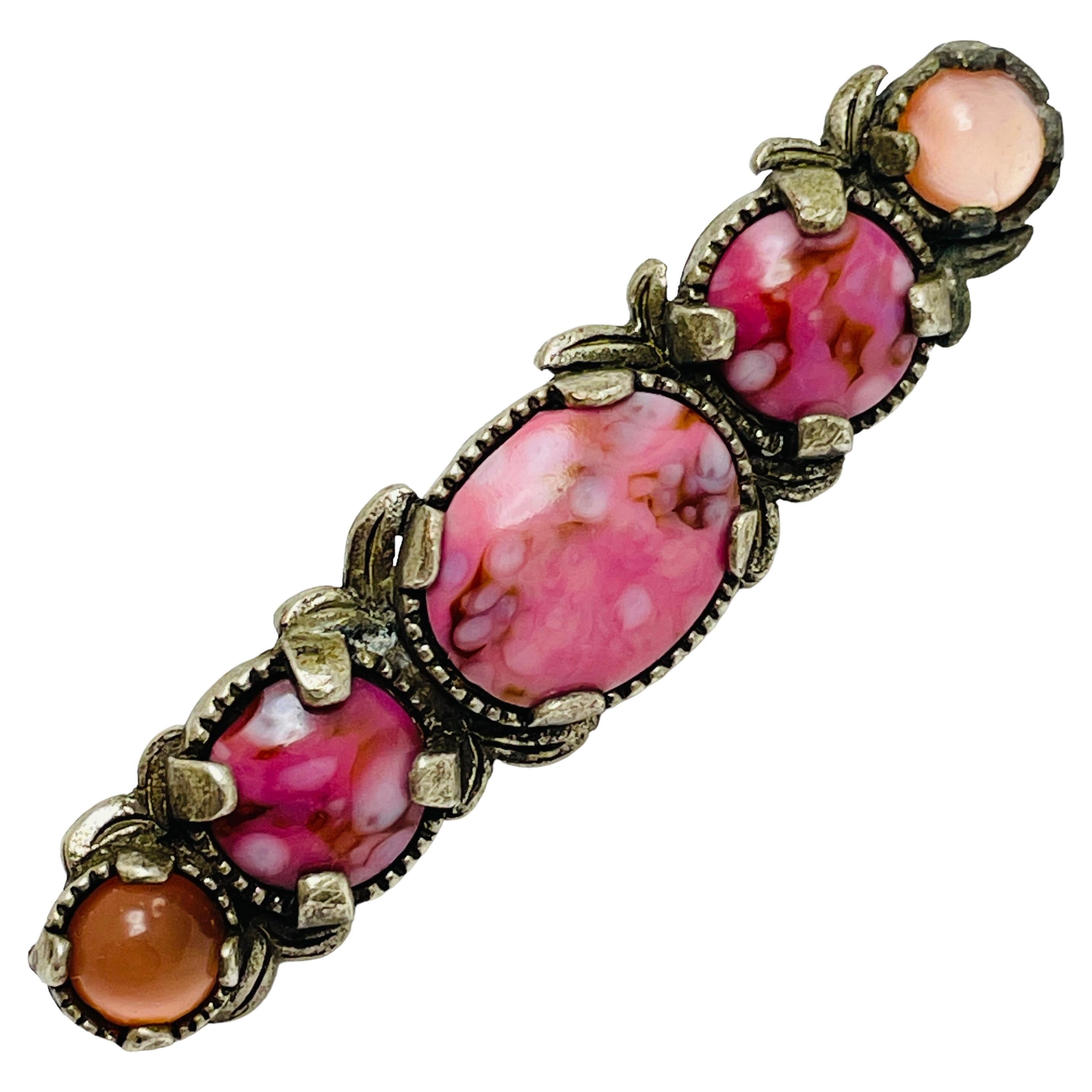 Vintage MIRACLE signed silver pink glass designer brooch