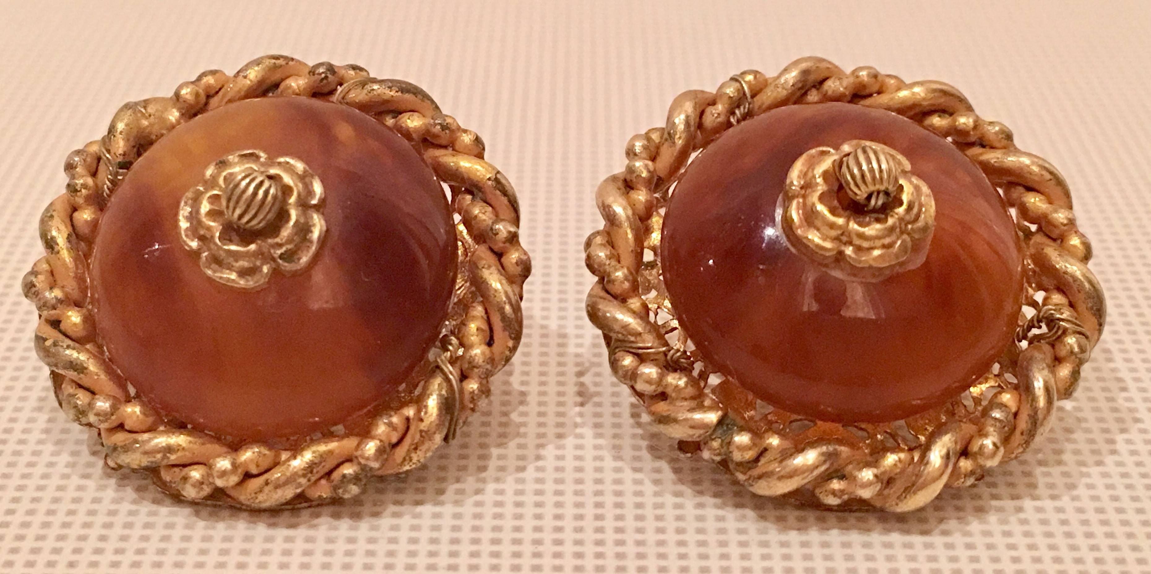 Mid-Century Vintage Miriam Haskell Amber Glass & Russian gold-plated earrings with rope-style border. Clip backs. Each screw back style earrings is signed on the back: Miriam Haskell 