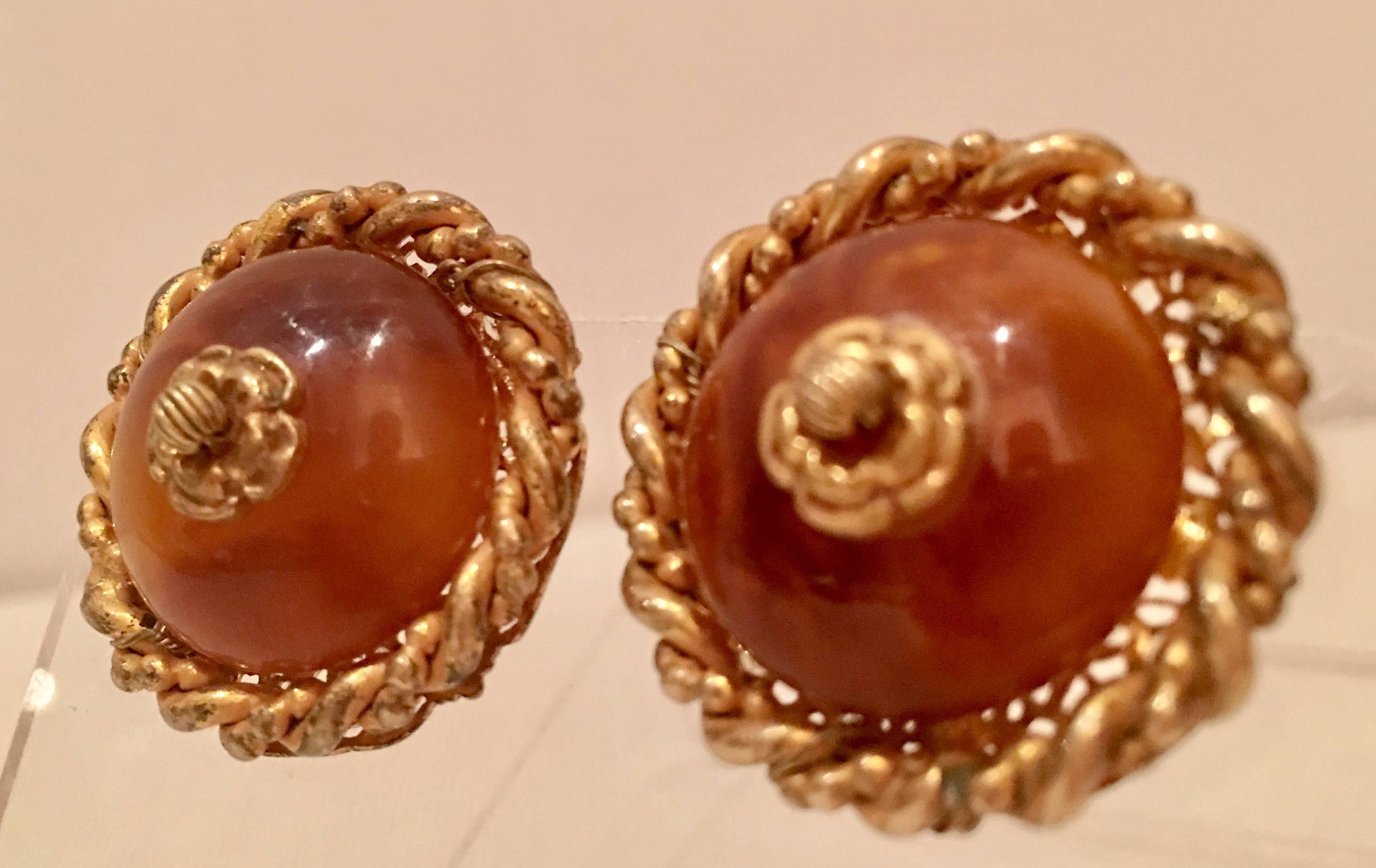 VIntage Miriam Haskell Amber & Russian Gold Earrings-Signed In Excellent Condition In West Palm Beach, FL
