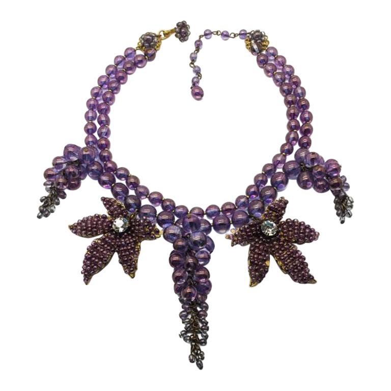 Vintage Miriam Haskell Amethyst Glass Cascading Necklace 1950s