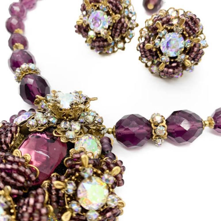 Belle Époque Vintage Miriam Haskell Amethyst Crystal Statement Necklace & Earrings 1950s For Sale