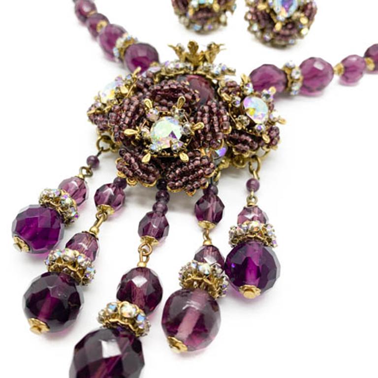 Vintage Miriam Haskell Amethyst Crystal Statement Necklace & Earrings 1950s In Good Condition For Sale In Wilmslow, GB