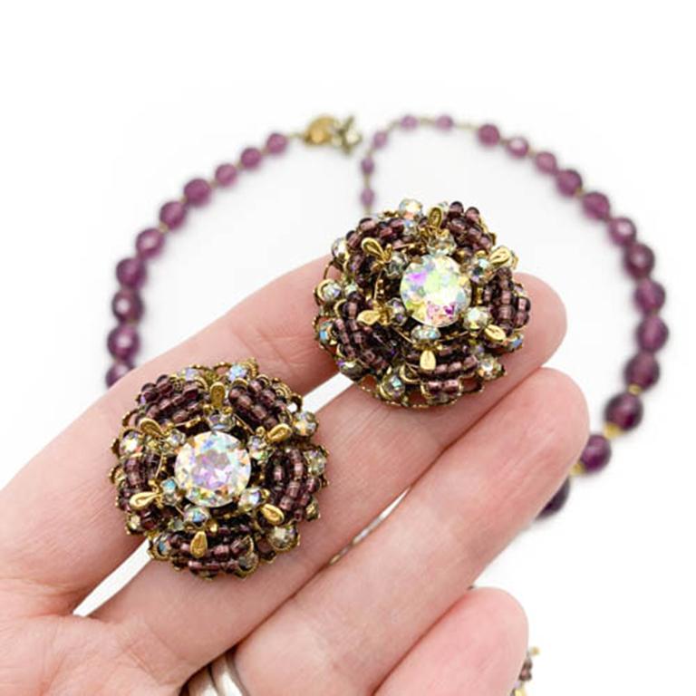 Women's Vintage Miriam Haskell Amethyst Crystal Statement Necklace & Earrings 1950s For Sale