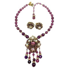 Vintage Miriam Haskell Amethyst Statement Necklace & Earrings 1950s