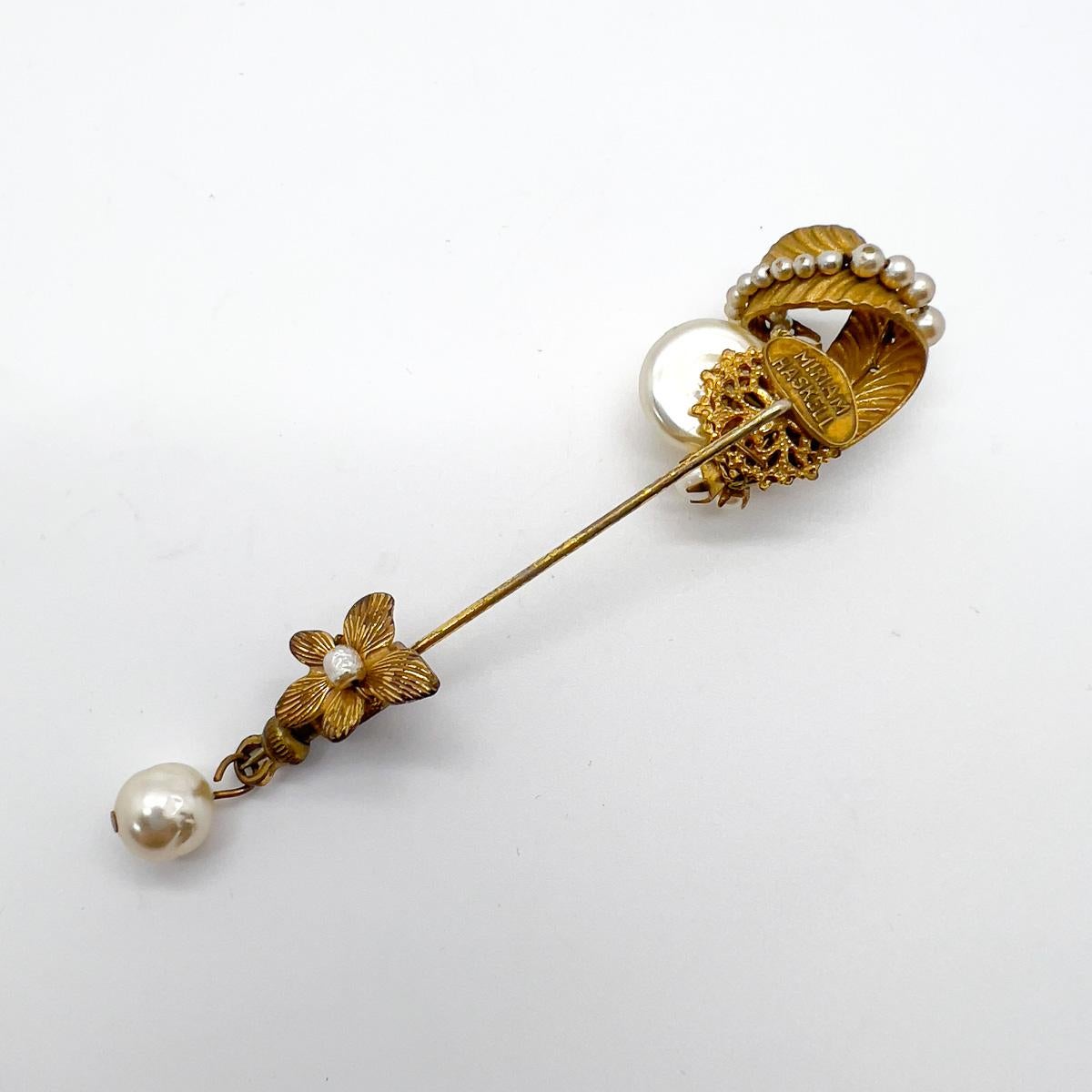 Vintage Miriam Haskell Baroque Pearl Droplet  Pin 1940s For Sale 3