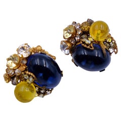Vintage Miriam Haskell Berry Earrings Blue and Yellow 1950s
