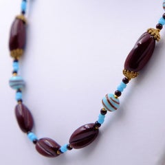 Vintage Miriam Haskell Chocolate Blue Glass Beads Necklace 1960's
