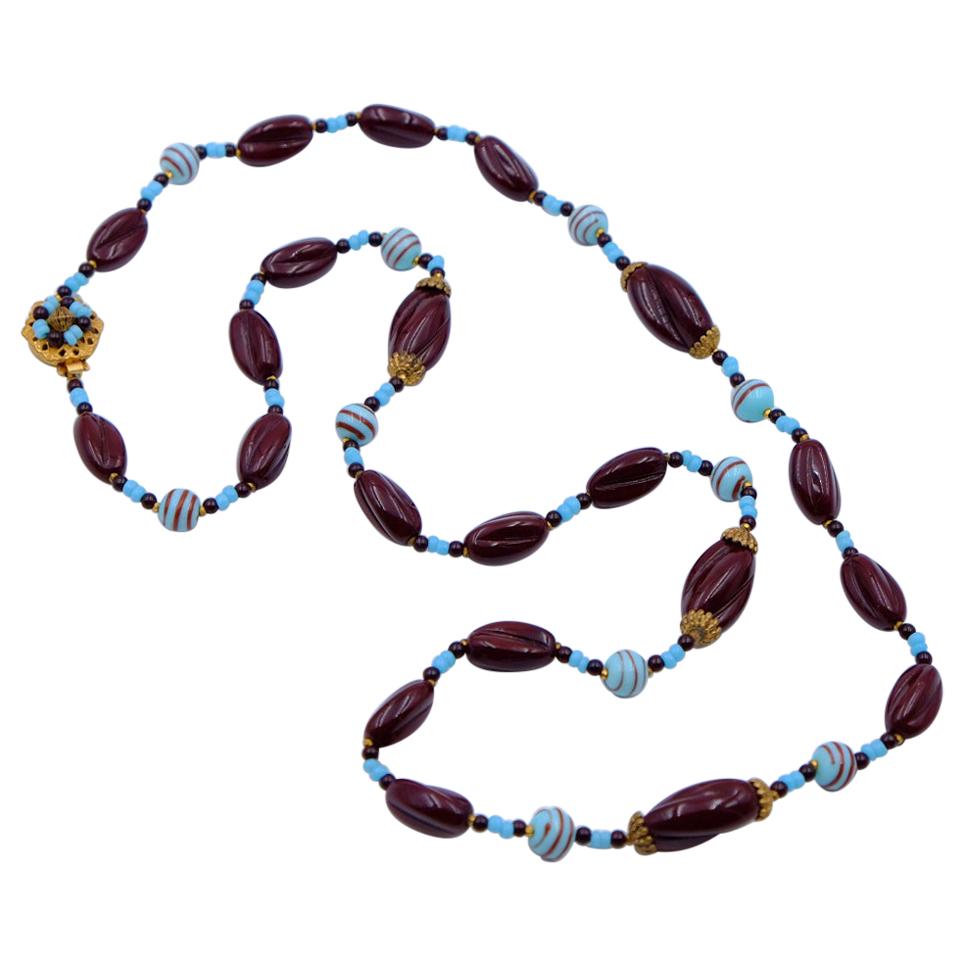 Vintage Miriam Haskell Chocolate Blue Glass Beads Necklace 1960's For Sale