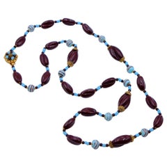 Vintage Miriam Haskell Chocolate Blue Glass Beads Necklace 1960's