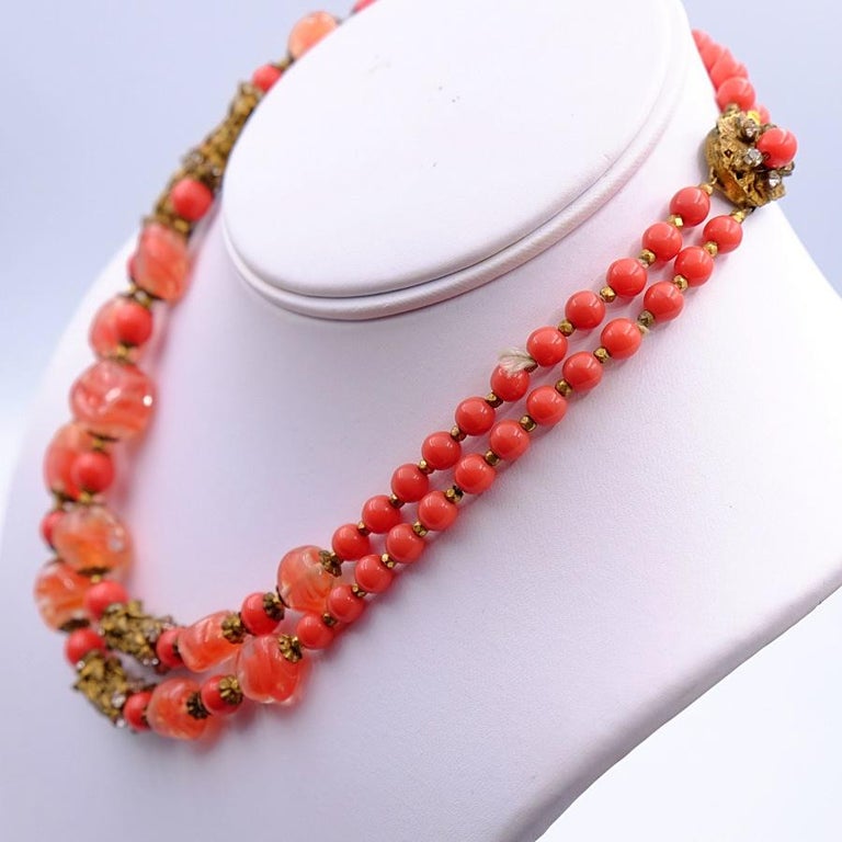 Vintage Miriam Haskell Coral Glass Beads 1950 S For Sale At 1stdibs