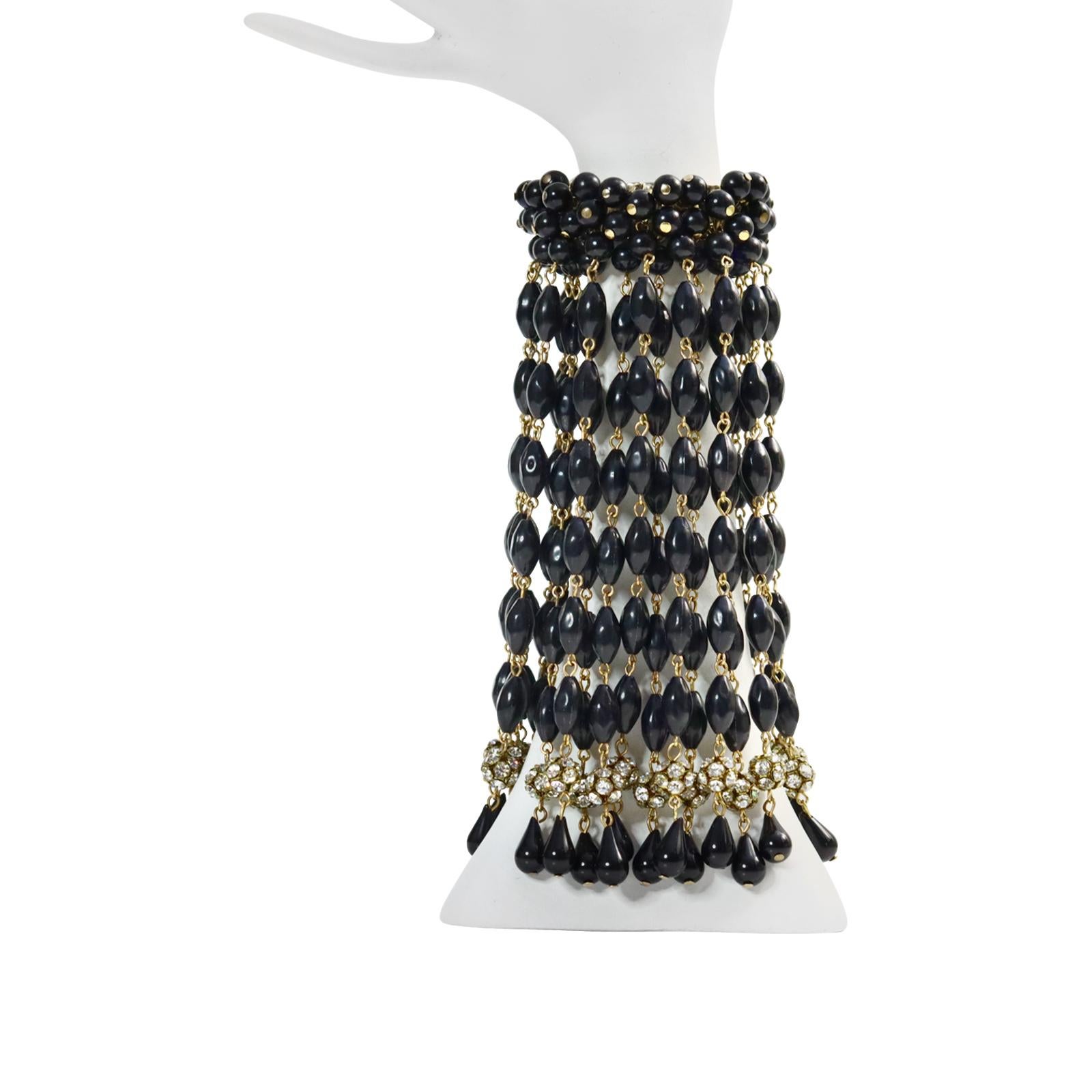 Vintage Miriam Haskell Dangling Black Beaded Diamante Bracelet Circa 1940s Bon état - En vente à New York, NY