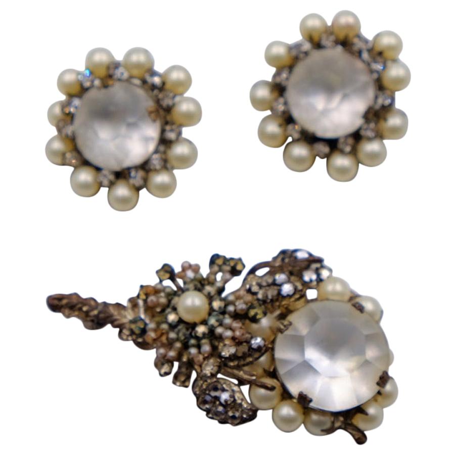 Vintage Miriam Haskell Faux Pearl and Moonstones Brooch and Earrings set 1950s For Sale