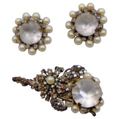 Retro Miriam Haskell Faux Pearl and Moonstones Brooch and Earrings set 1950s