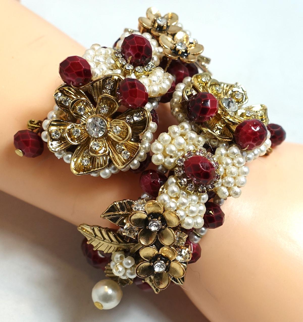 Vintage Miriam Haskell Faux Pearl & Crystal Floral Wrap Bracelet In Good Condition For Sale In New York, NY