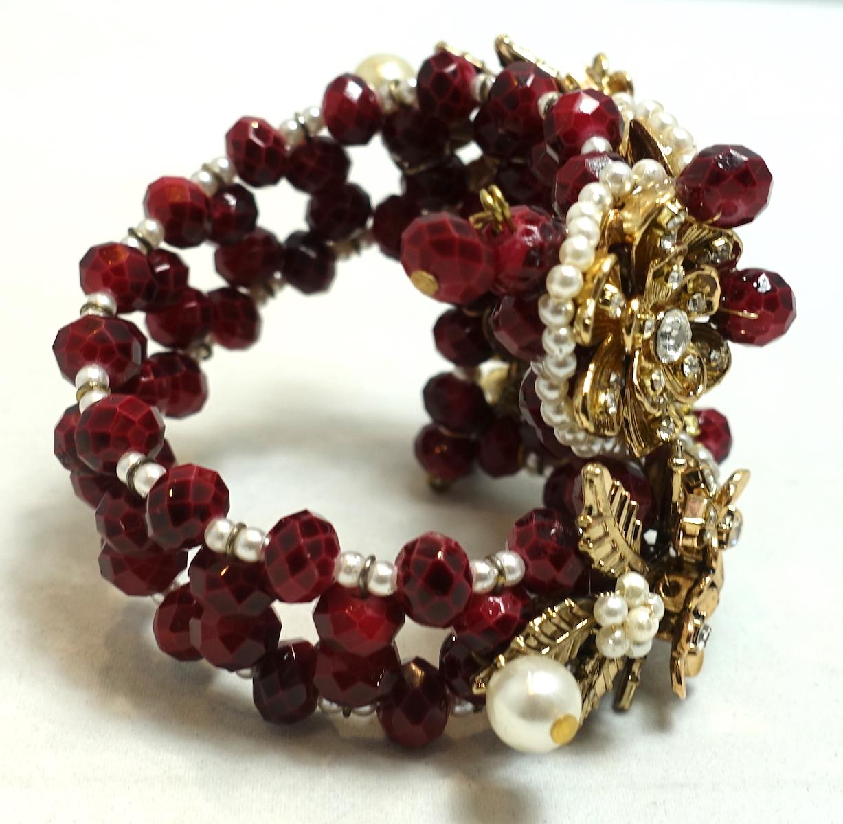 Women's or Men's Vintage Miriam Haskell Faux Pearl & Crystal Floral Wrap Bracelet For Sale