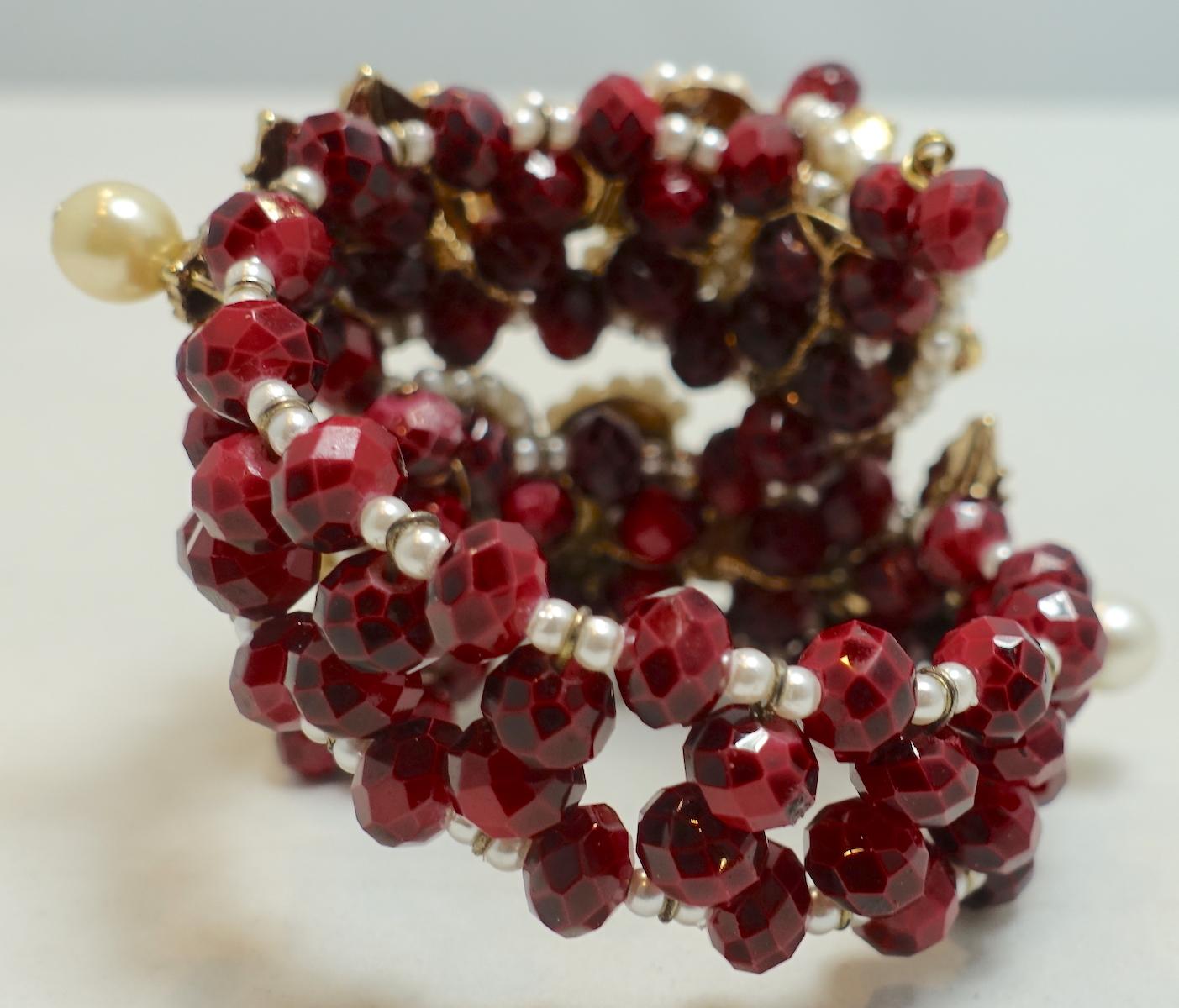 Vintage Miriam Haskell Faux Pearl & Crystal Floral Wrap Bracelet For Sale 1
