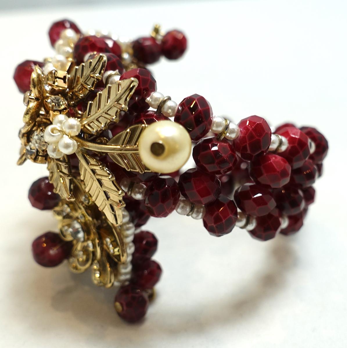 Vintage Miriam Haskell Faux Pearl & Crystal Floral Wrap Bracelet For Sale 2