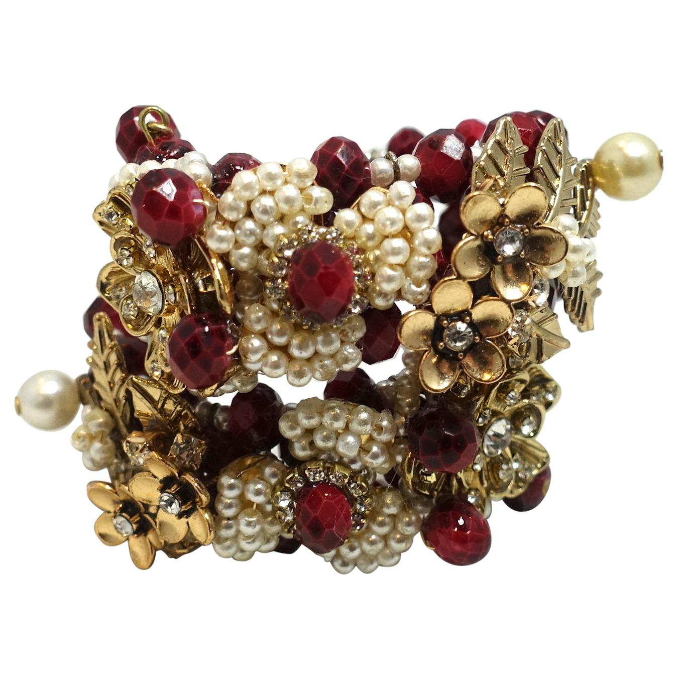 Vintage Miriam Haskell Faux Pearl & Crystal Floral Wrap Bracelet For Sale