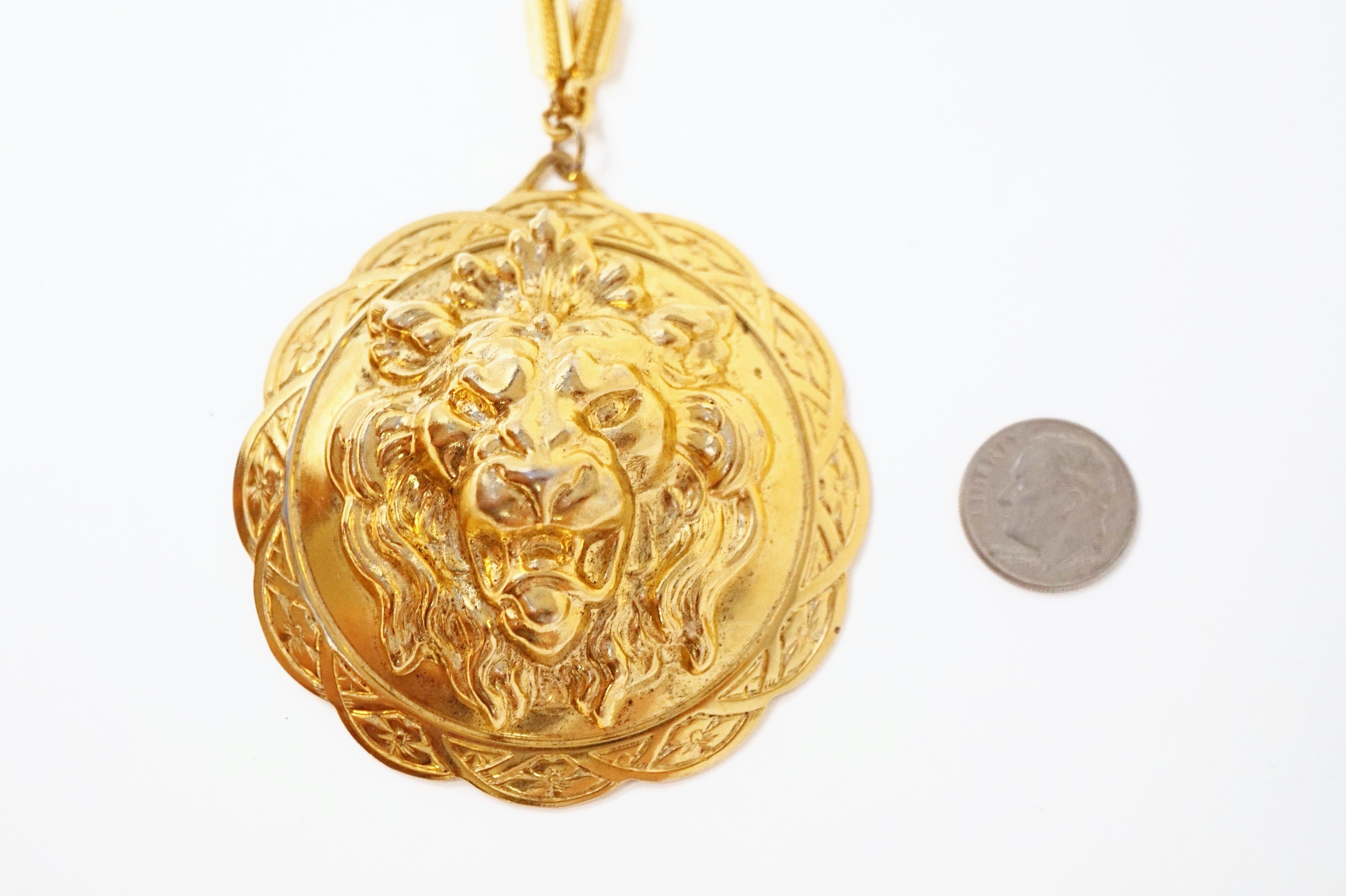 Vintage Miriam Haskell Gilded Lion Pendant Necklace, Signed, 1970s 6