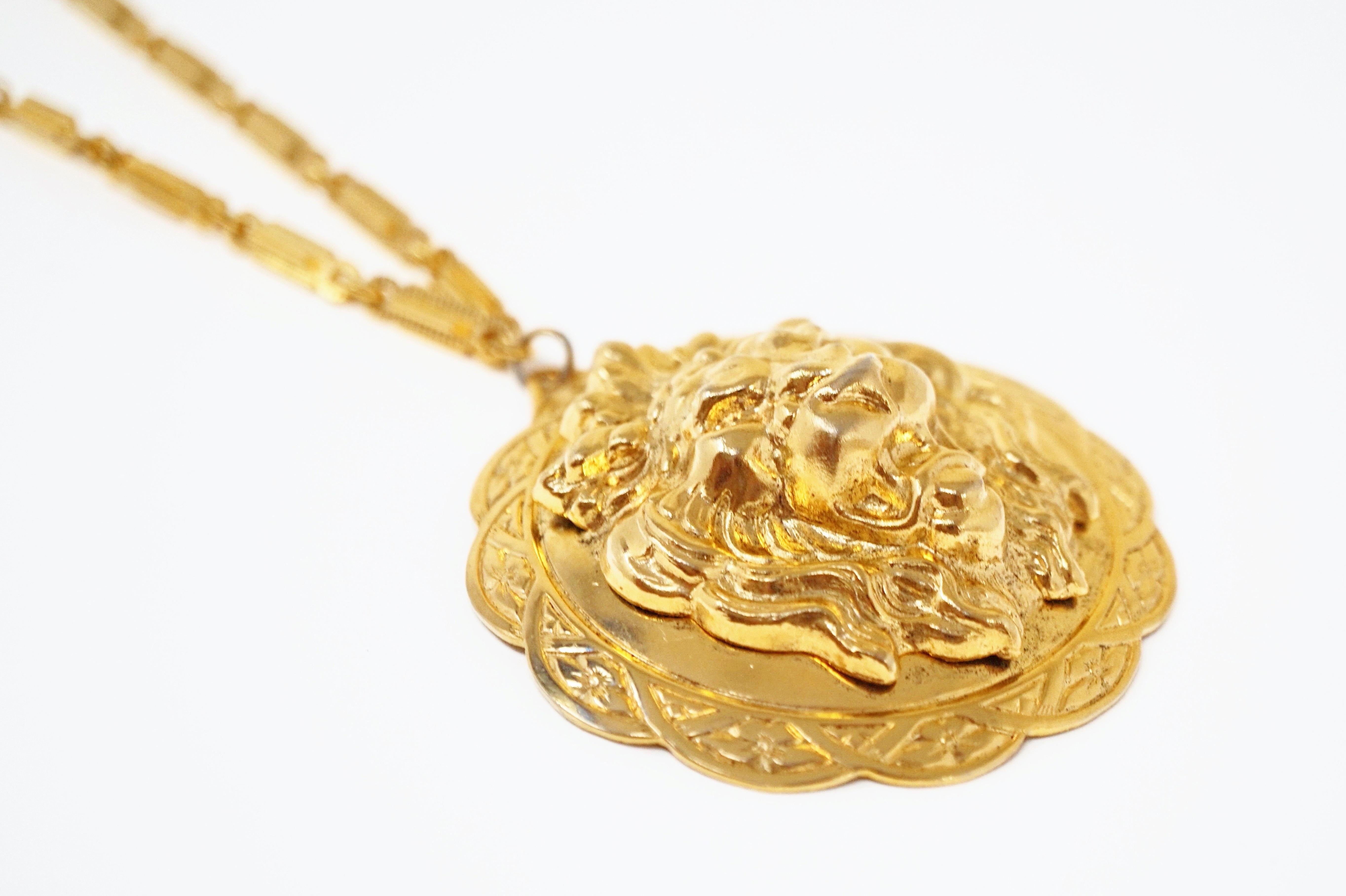 Vintage Miriam Haskell Gilded Lion Pendant Necklace, Signed, 1970s 1