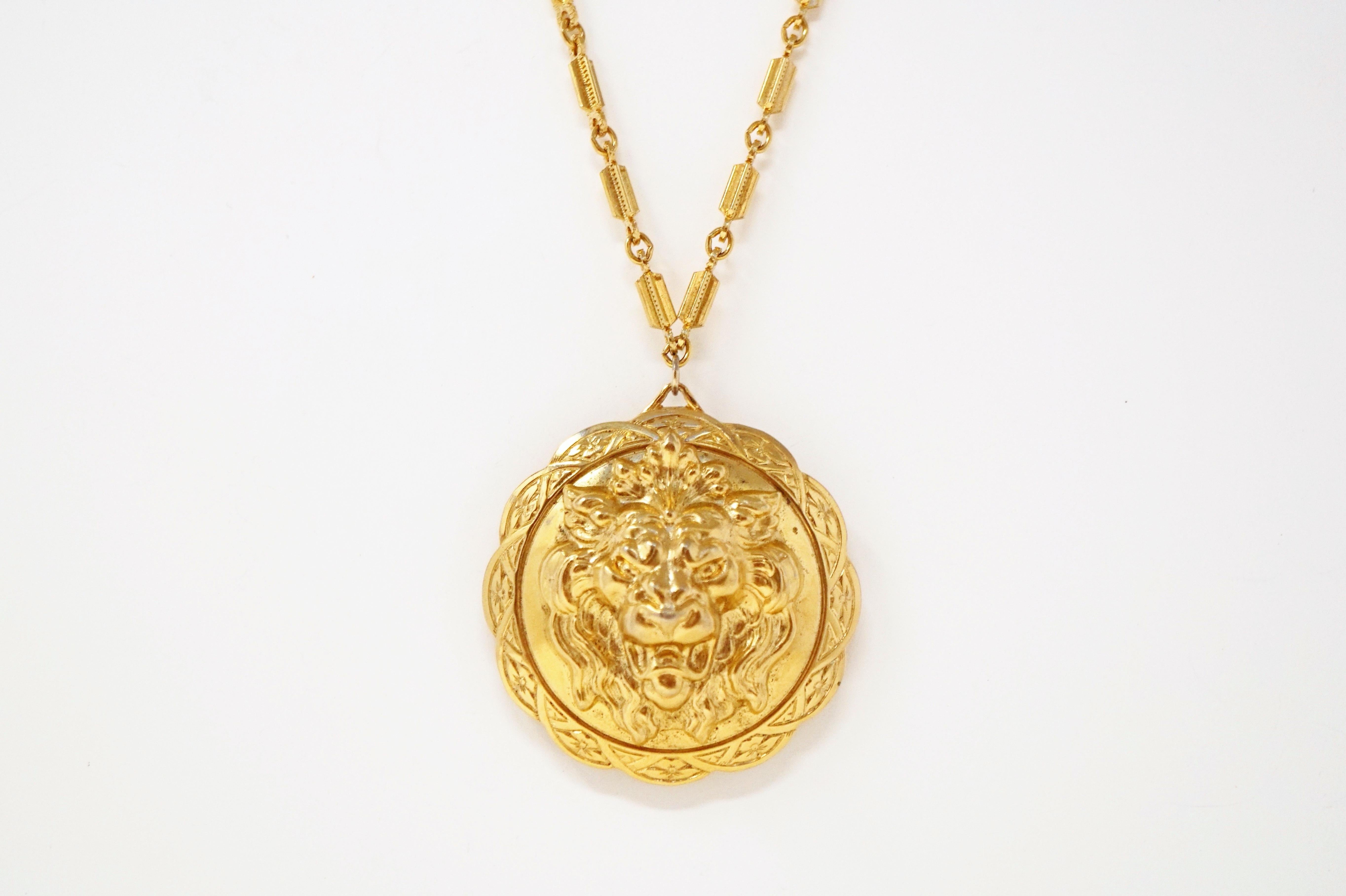 Vintage Miriam Haskell Gilded Lion Pendant Necklace, Signed, 1970s 2