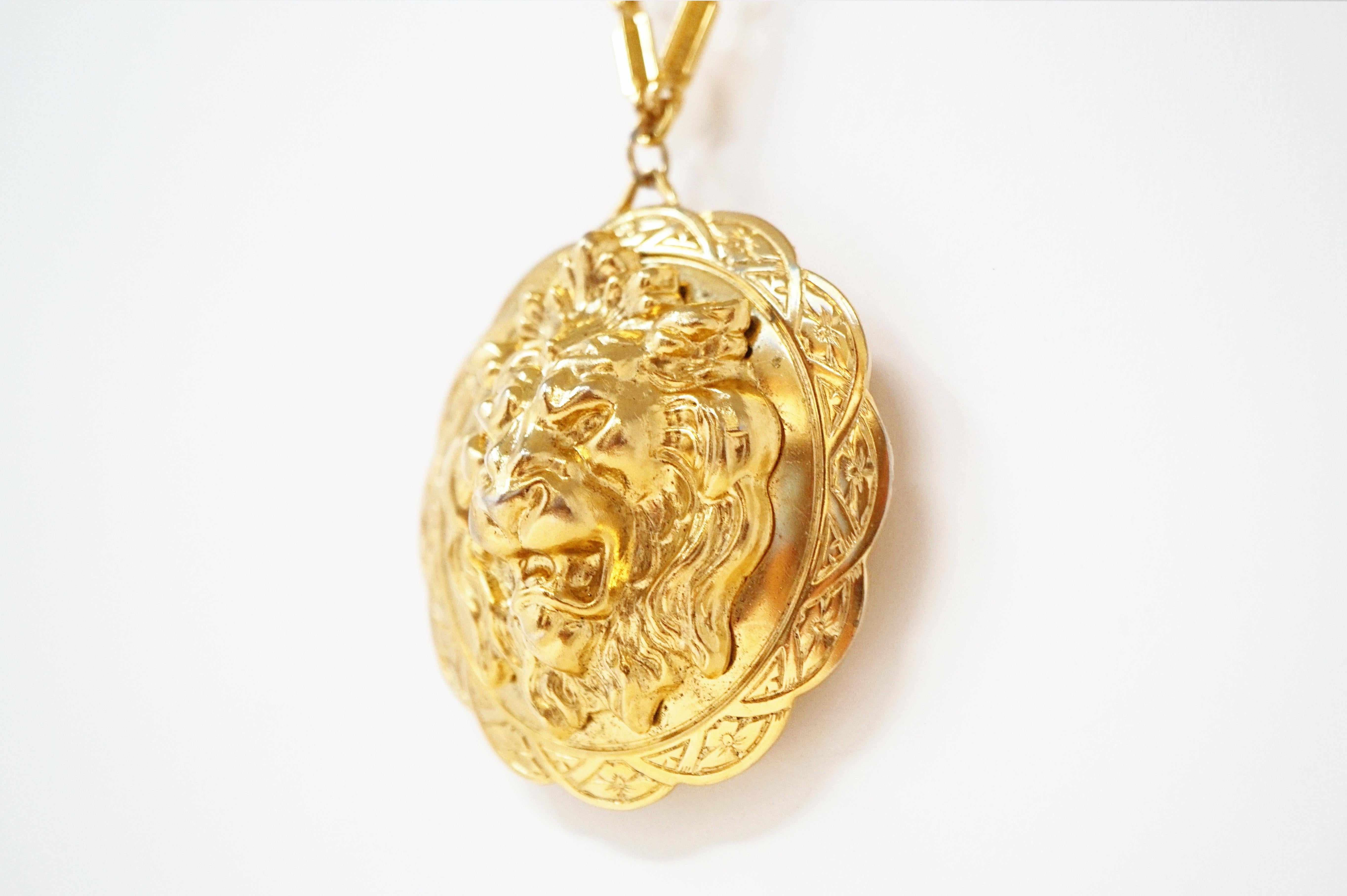 Vintage Miriam Haskell Gilded Lion Pendant Necklace, Signed, 1970s 4