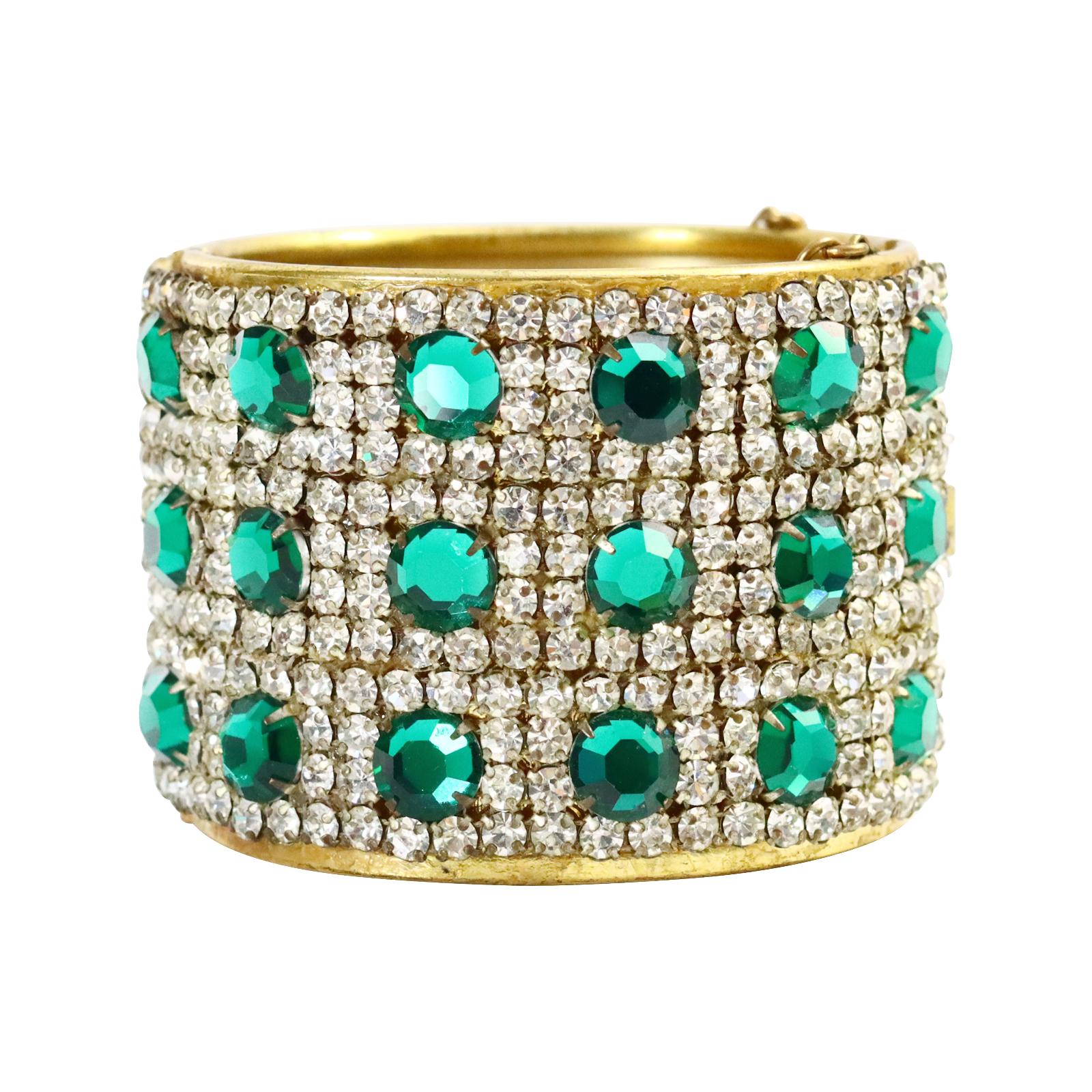 Artist Vintage Miriam Haskell Gold Diamante Emerald Green Bracelet Circa 1950s For Sale