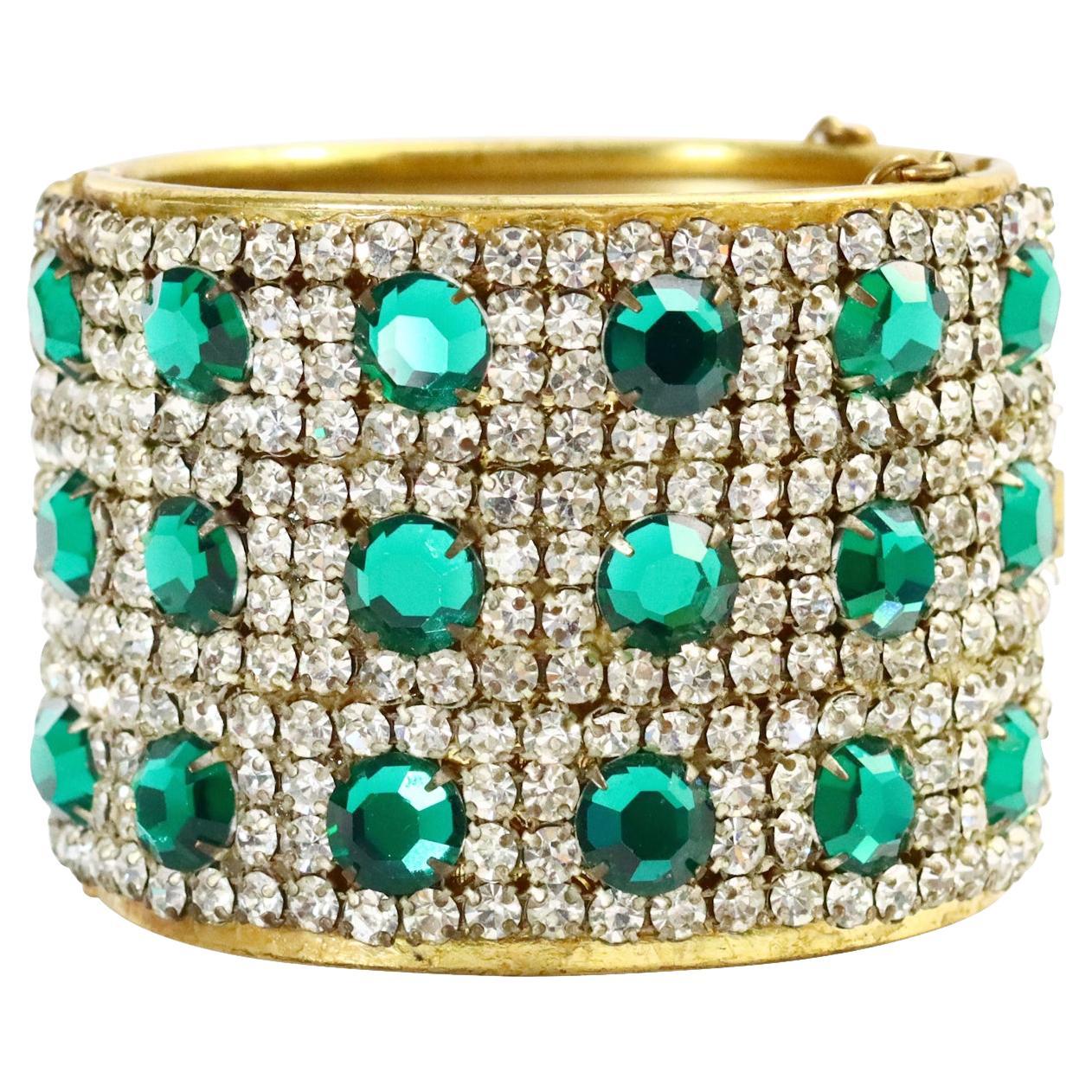 Vintage Miriam Haskell Gold Diamante Emerald Green Bracelet Circa 1950s For Sale